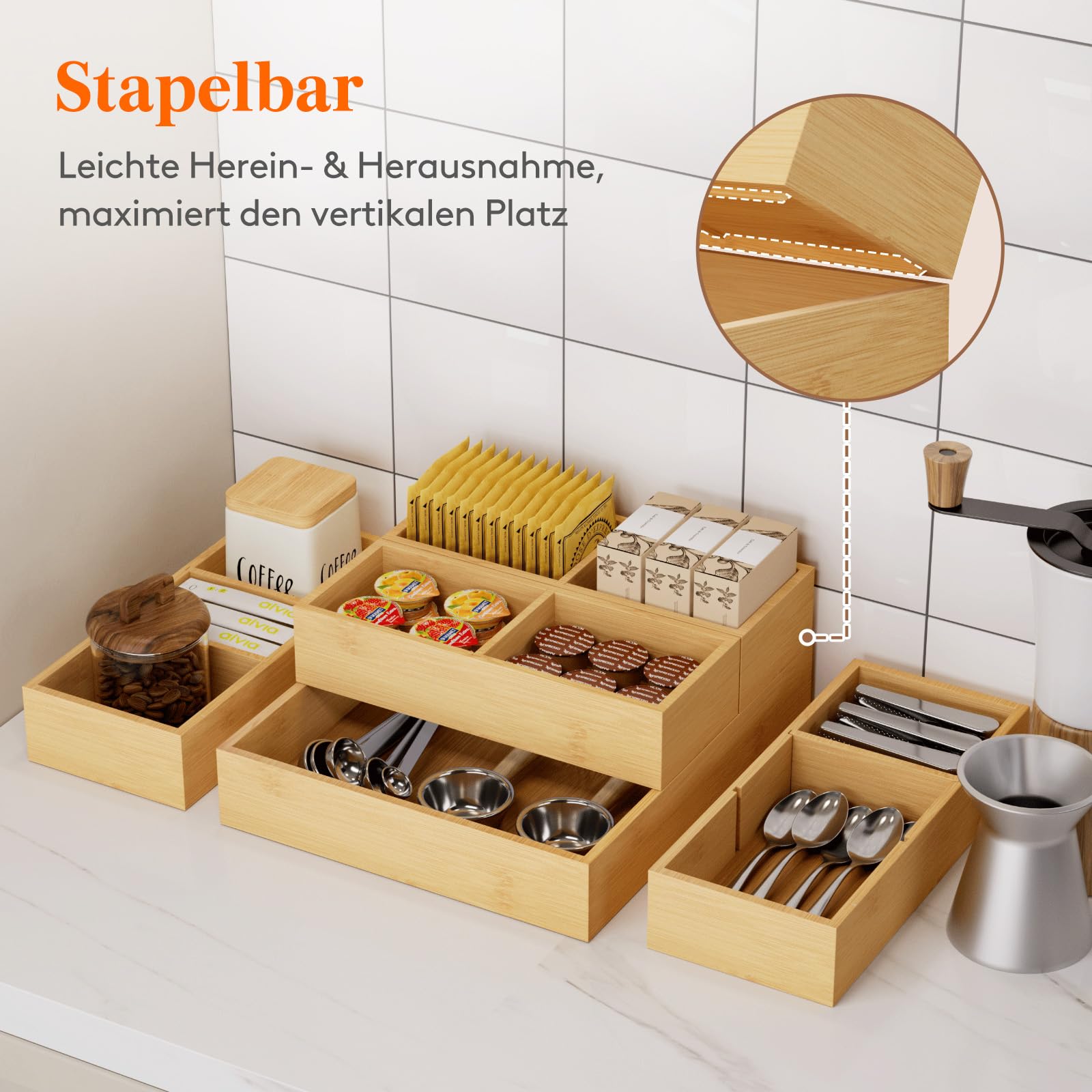 Lifewit 10er-Set Schubladen Organizer mit 6 Einsätzen, Verstellbare Aufbewahrungsbox mit 11 Fächern, Schubladenteiler aus Holz für Küchenutensilien, Schminktisch organizer, Make-up, Büro, Badezimmer