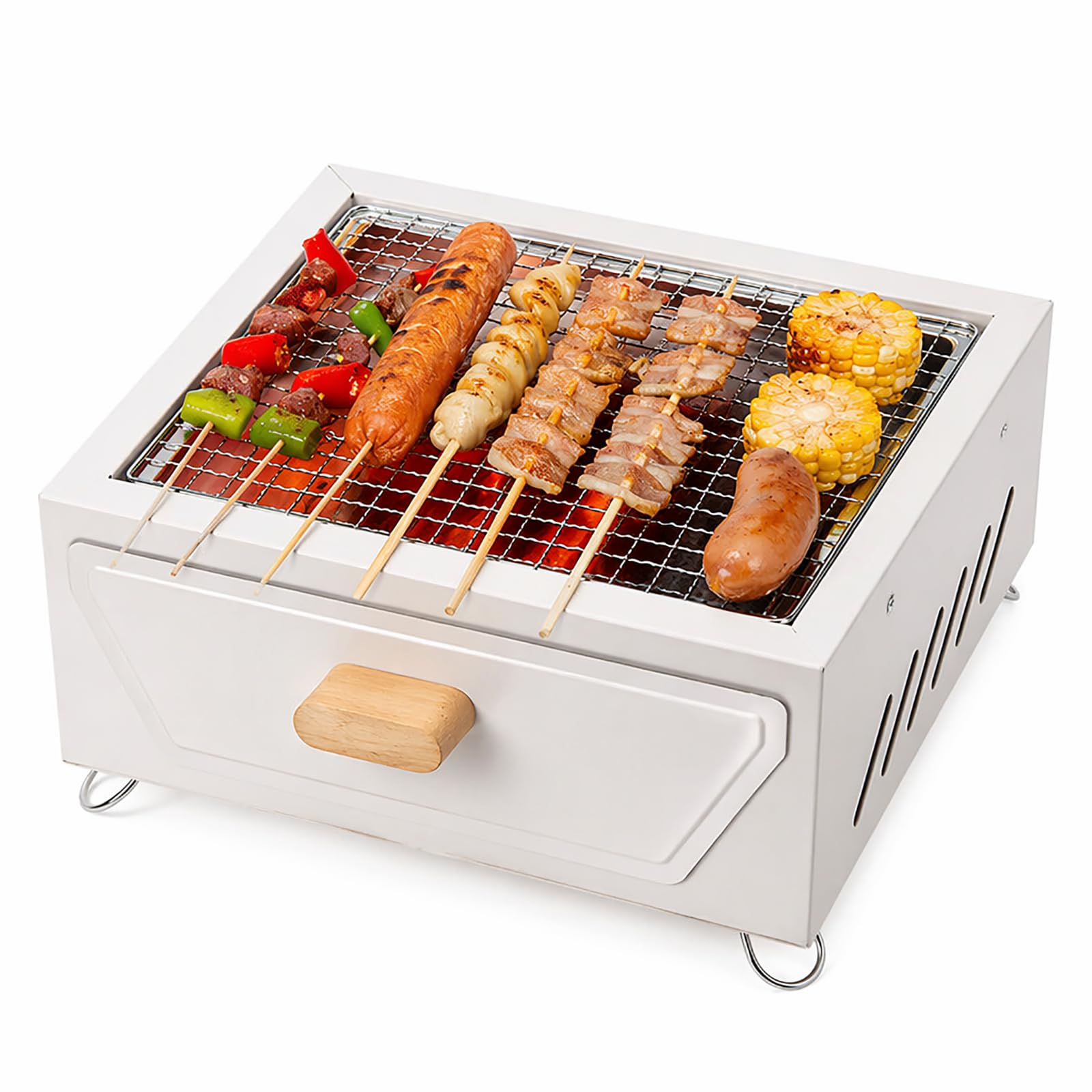 hKjPlvf Portable Charcoal Grill with Griddle Plate and Grill Net 12.2in Square Mini BBQ Grill for Outdoor Camping Picnic Backyard Tabletop Barbecue Stove Drawer Charcoal Tray 2 Colors White