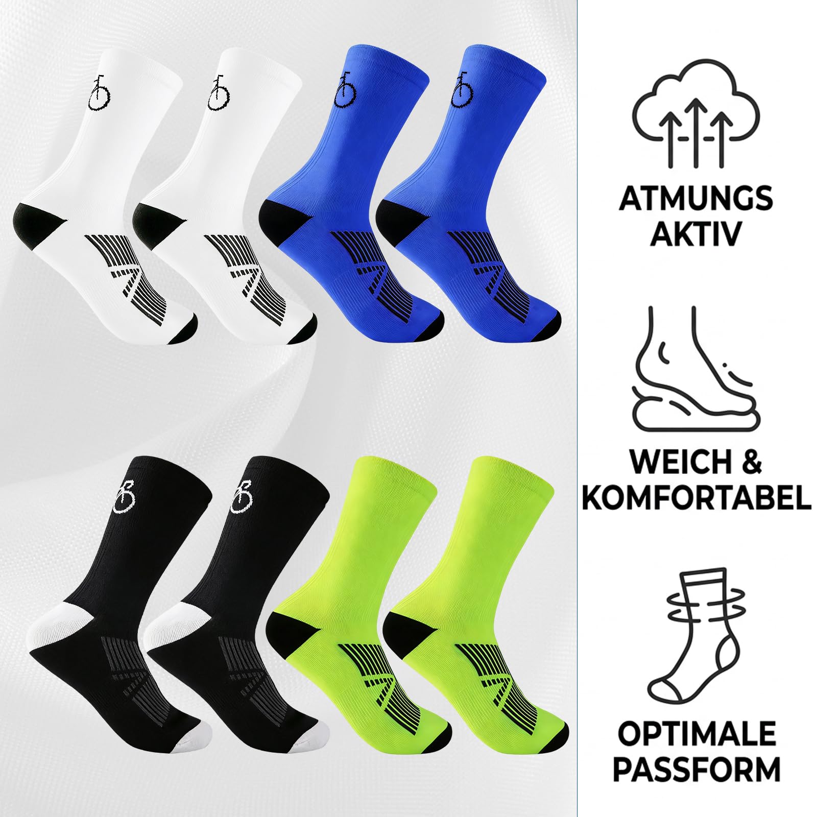 4 Stück Fahrrad Socken, Fahrradsocken Herren, Radsocken Herren, Socken Set in Weiß Schwarz Neon Grün Blau, Atmungsaktive Socken für Radfahren
