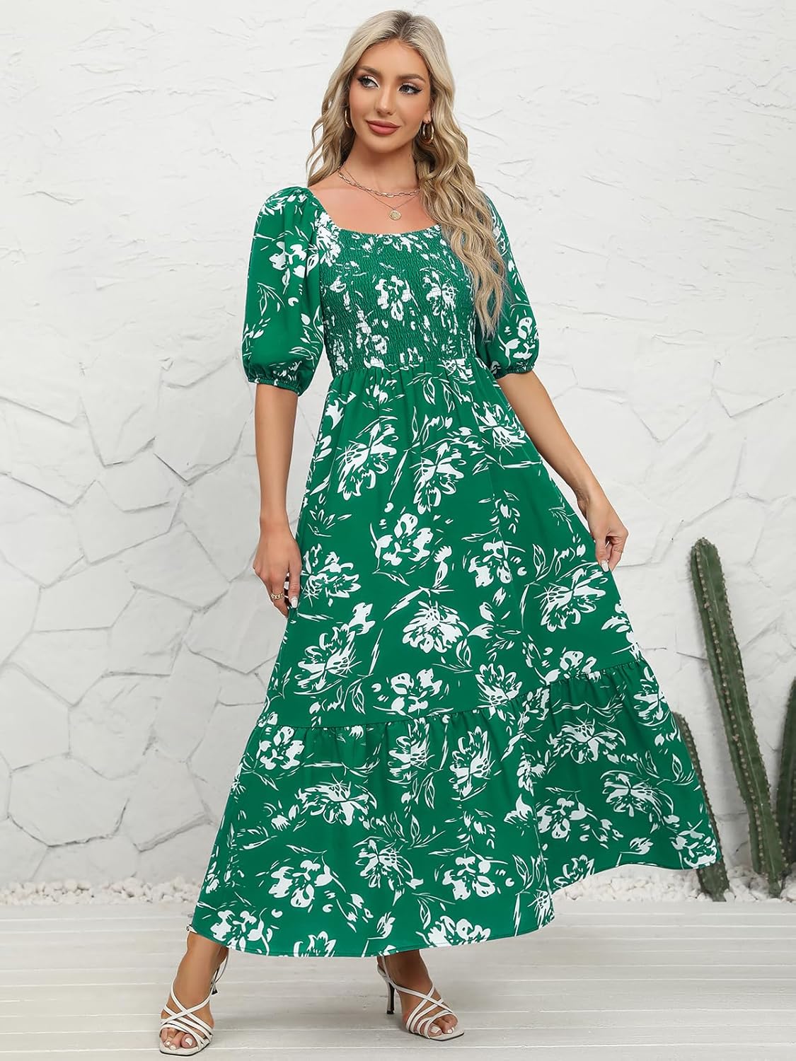 Lyrur Summer Boho Smocked Maxi Dresses for Women 2024 Casual Puff Sleeve Square Neck A Line Tiered Ruffle Ankle Length Dress
