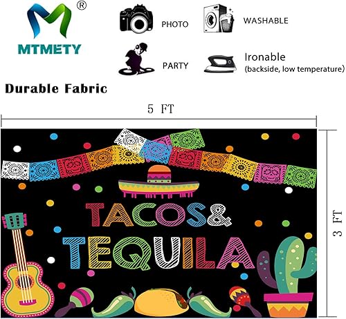 Miniatura 2 de Telón de fondo de 5 x 3 pies de tela suave de tacos de tequila para carnaval, estilo turco, cactus, guitarra, chile, fiesta mexicana, festival,