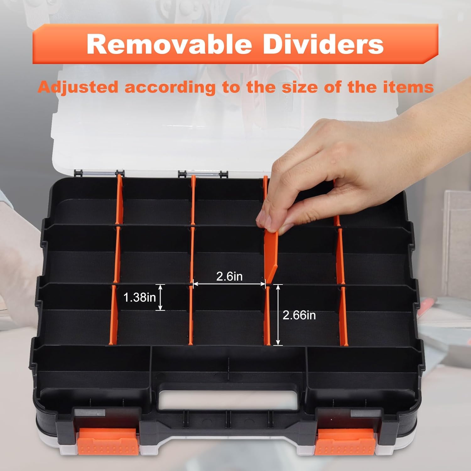 Small Parts Organizer, 34 Compartments Double Side Tool Box with Removable Dividers and Transparent Lid, Plastic Tackle Box Organizer for Hardware, Screws, Bolts, Nails, Nuts, Beads, Jewelry, Orange