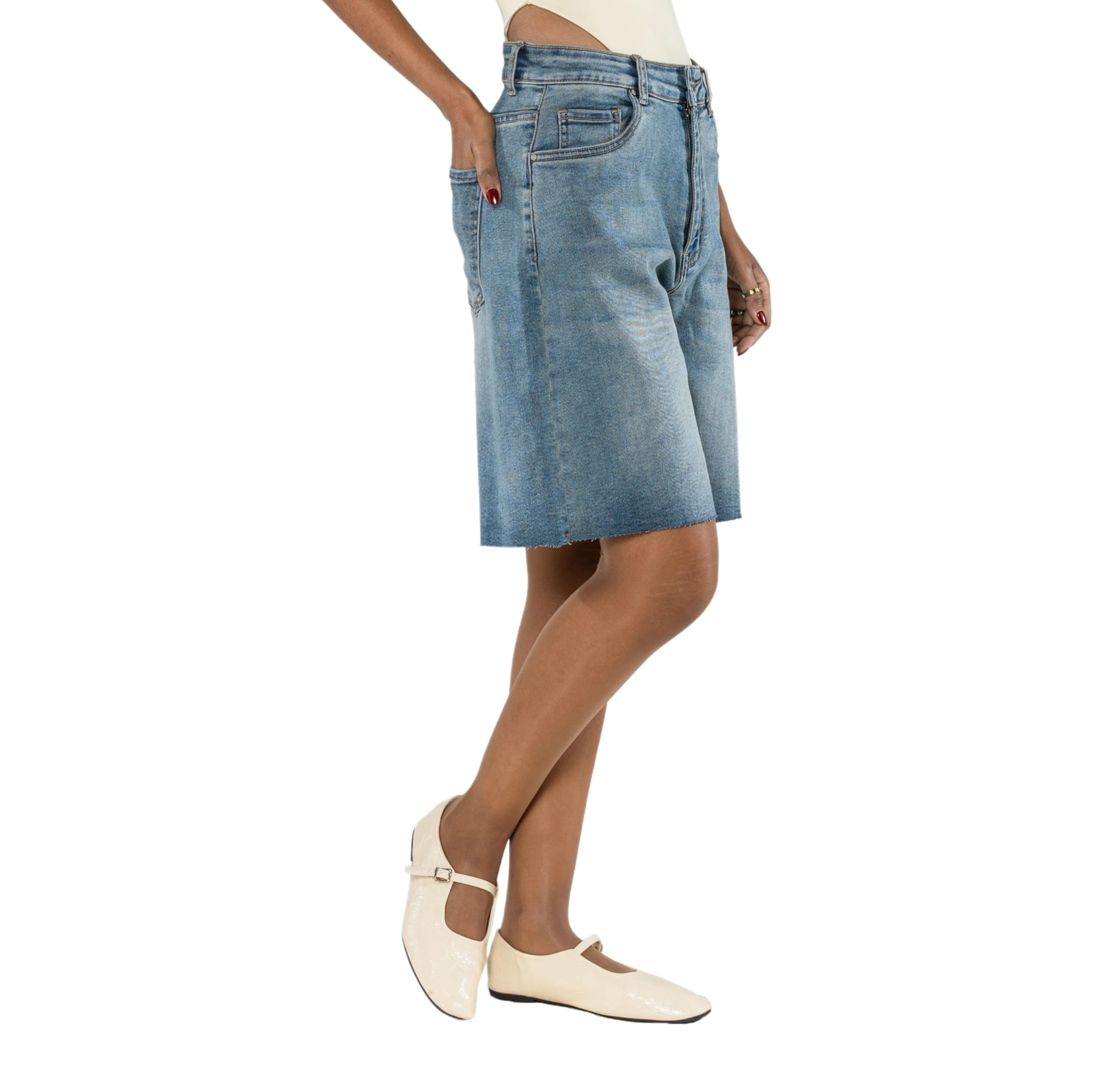Nina Carter Short en jean pour femme P619 – Bermuda long en denim, coupe ample, ourlet effiloché, short d'été en jean stretch pour femme