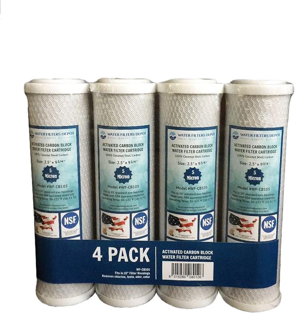 WFD, WF-CB105 2.5-inch x 9-3/4-inch Activated Carbon Block Water Filter Cartridge, fits in 10-inch Standard Size housings of undersink RO or Filtration Systems (4 Pack, 5 Micron)