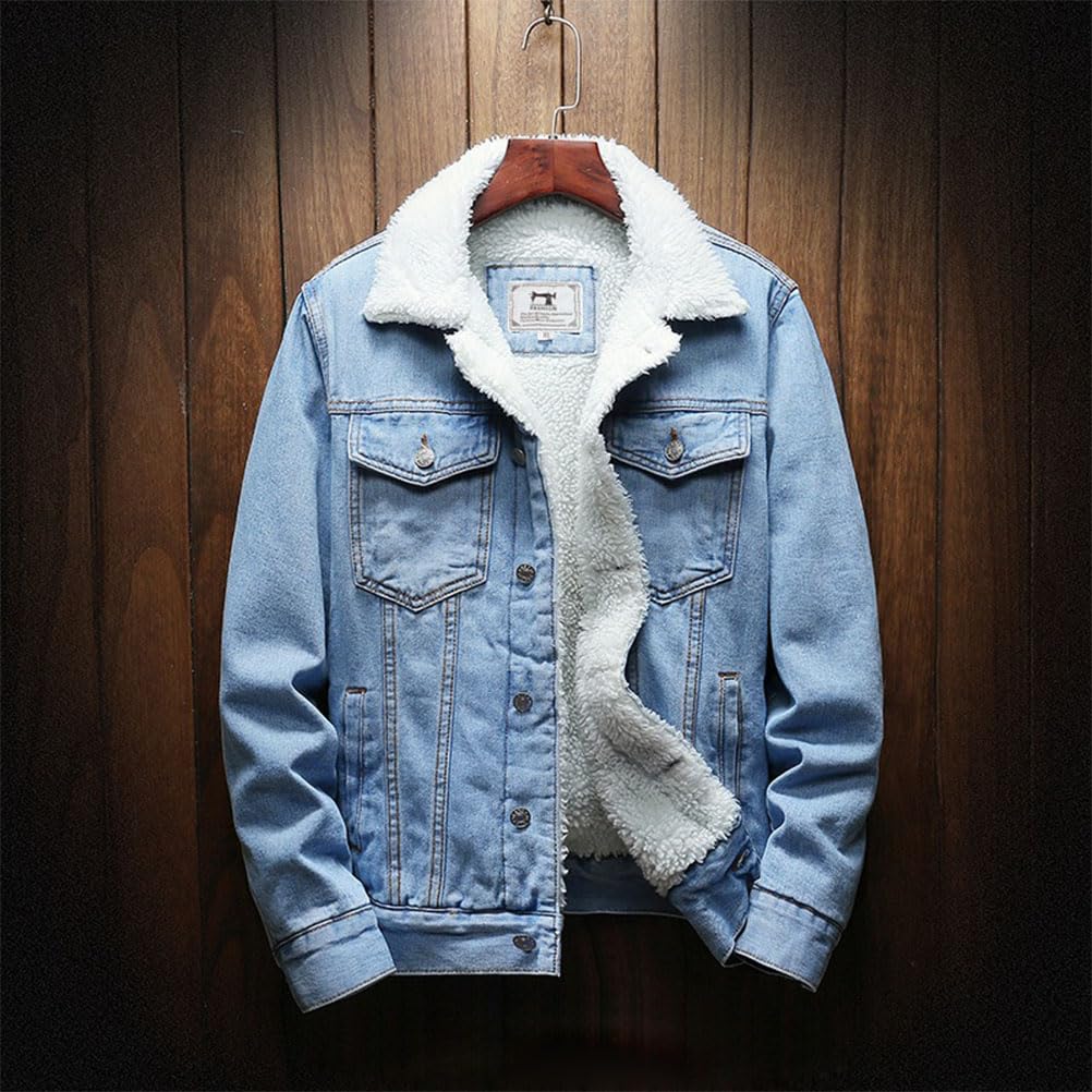 Chaqueta Vaquera Hombre Invierno Cálido Denim Chaqueta Térmico Sherpa Trucker Chaqueta Retro Abrigo Invierno Casual Abrigos Felpa con Bolsillos Chaqueta Vaquera con Forro
