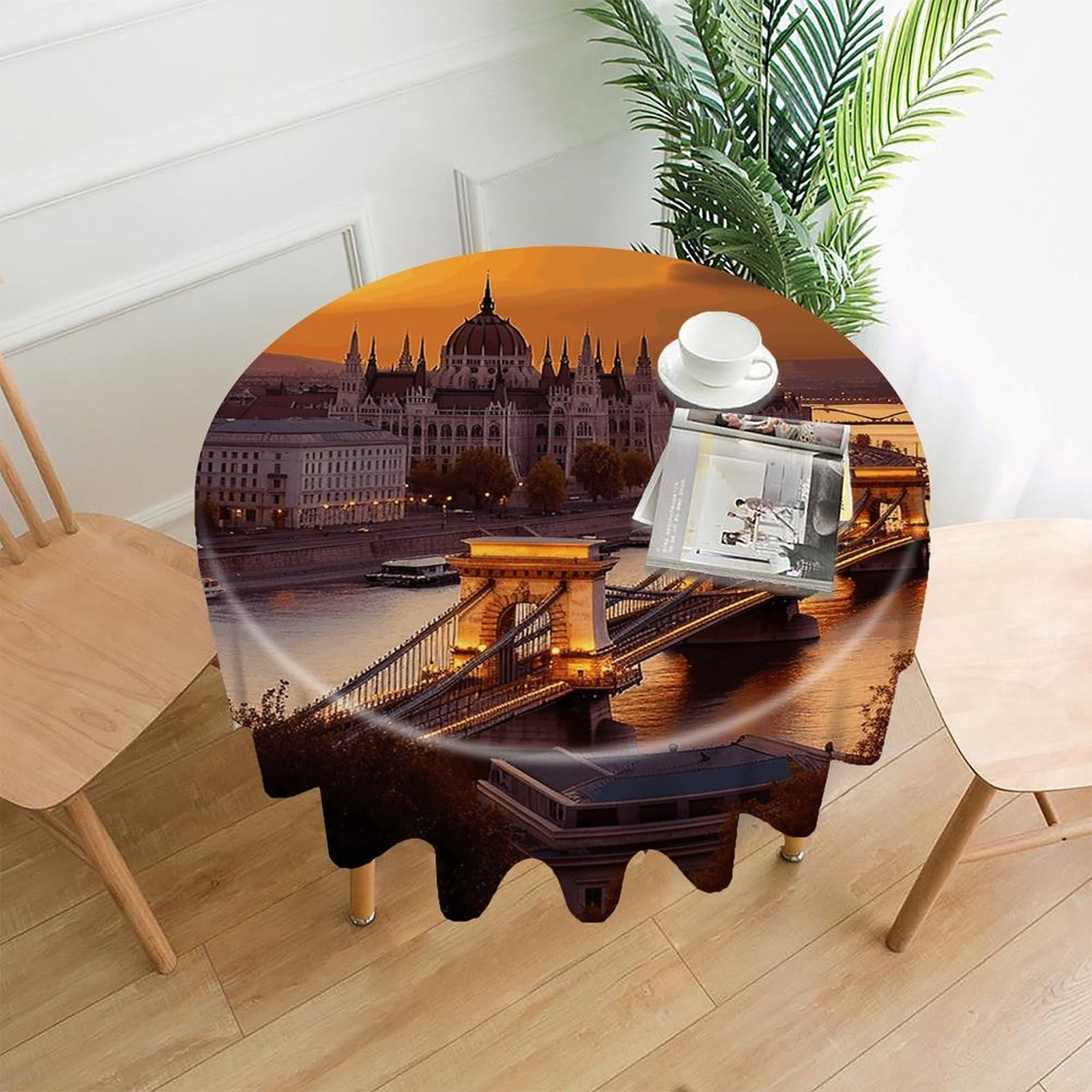 VstaDank Sunset in Budapest Tablecloth Easy to Clean Polyester Round Table Cover Washable Round Table Cloth Wrinkle-Free Circle Decoration Tablecloth for Kitchen Dining Room 60"