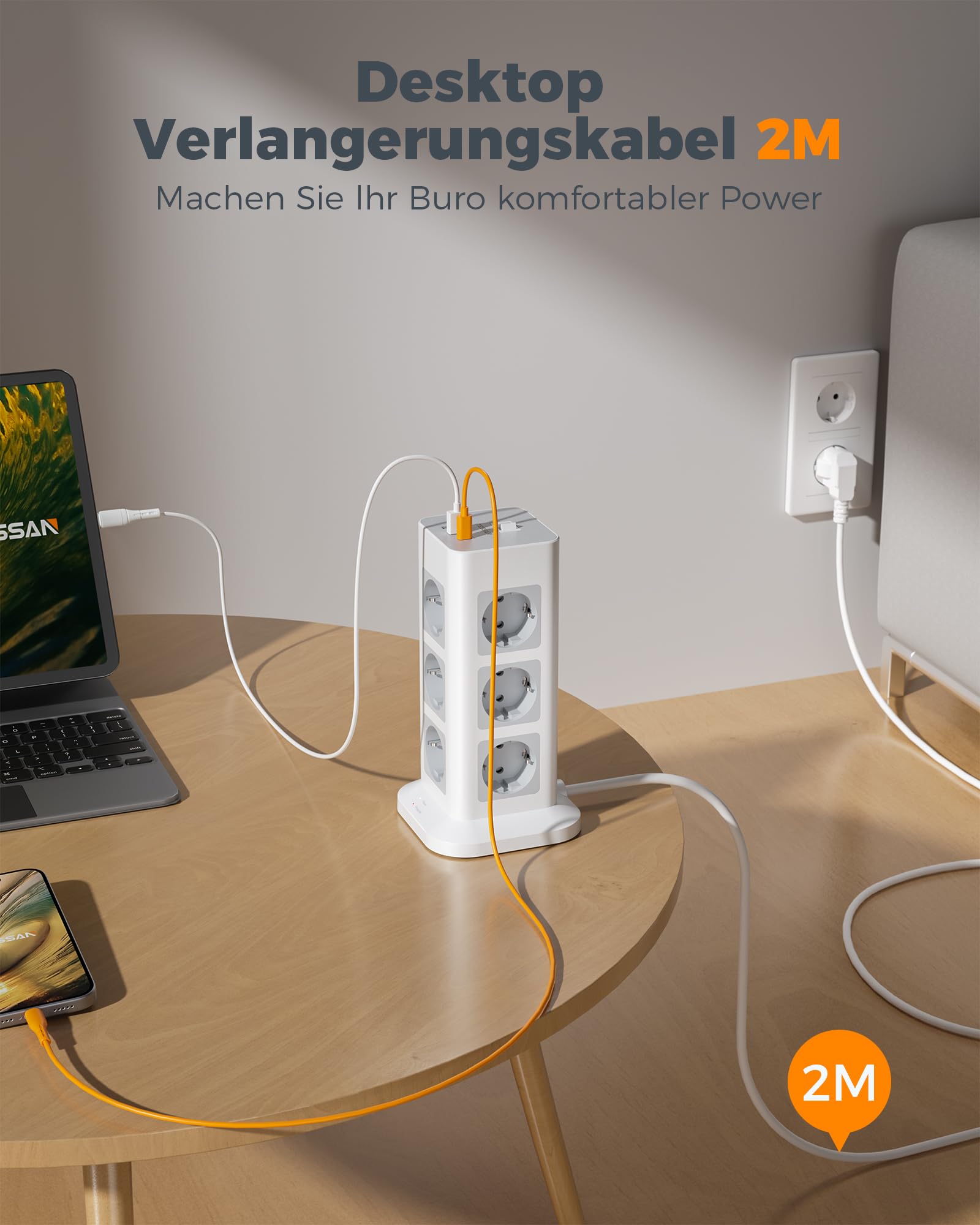 TESSAN 8 Voudige Stekkerdoos met 2 USB A en 1 USB C, Verlengkabel met Meerdere Stekkers 5M, Stekkerdoos met USB en Schakelaar voor Thuiskantoor, Meervoudige Overspanningsbeveiliging 3600W 16A, Zwart