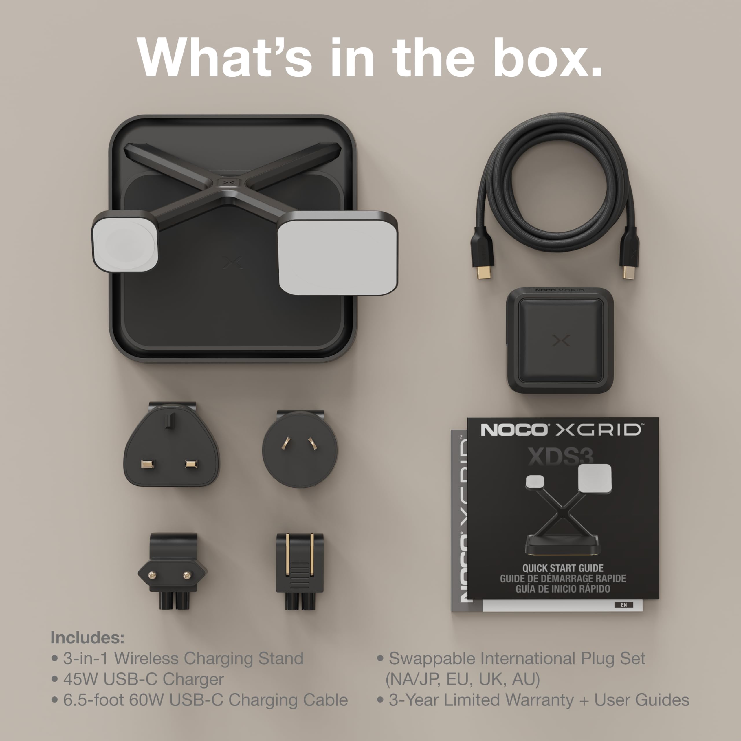NOCO XGrid XDS3: 3‑in‑1 Wireless Lade‑Dock – Ladestation für iPhone, Apple Watch & AirPods – MagSafe‑kompatibel, Qi2 Zertifiziert – Inklusive 45 W USB‑C Netzteil & 2 m USB‑C Kabel