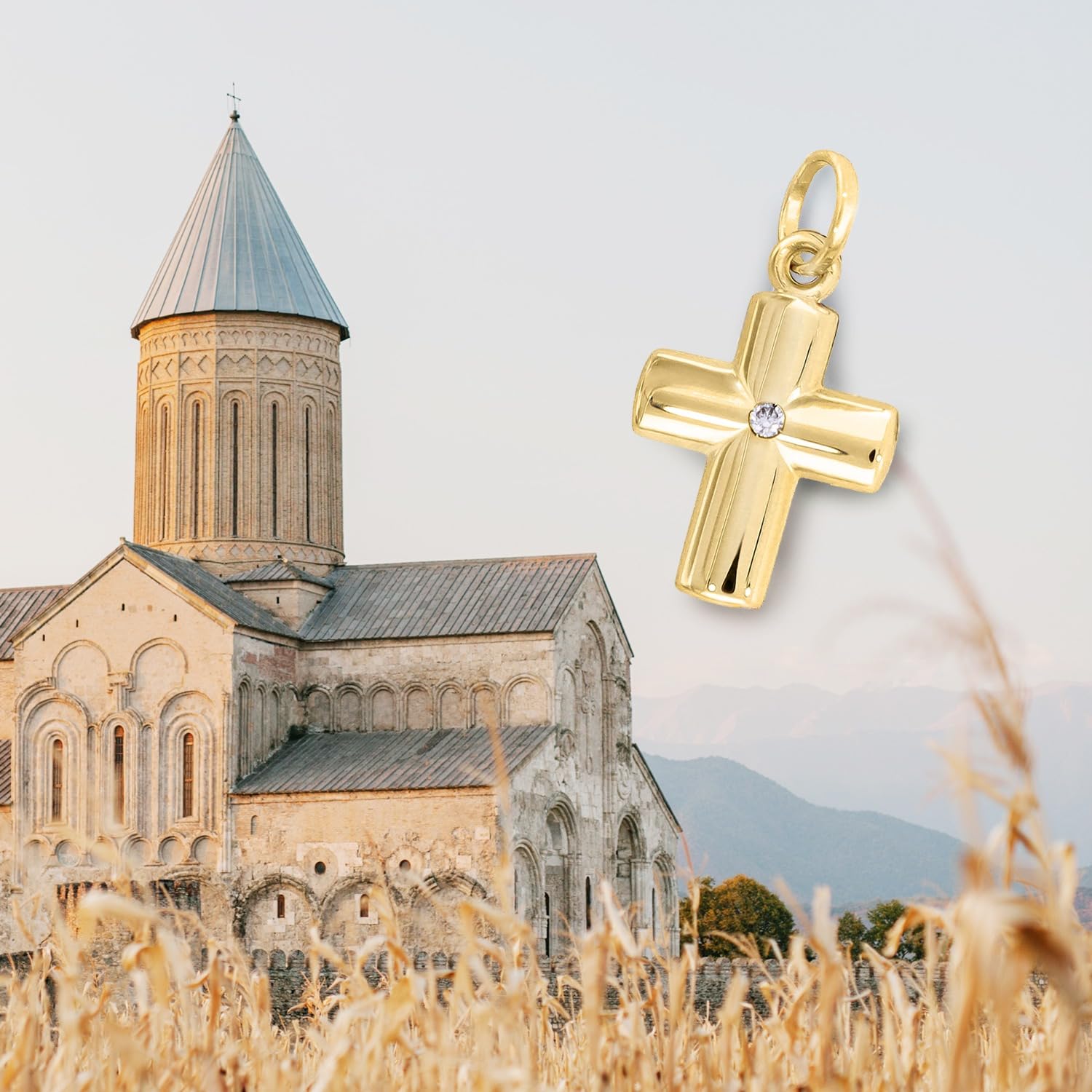 forme di Lucchetta Anhänger Kleines Kreuz 750 Gelbgold mit Stein | Religiöser Goldanhänger, für Geburt, Taufe, Kommunion, für Armbänd und Kette bis 4 mm, hergestellt in Italien