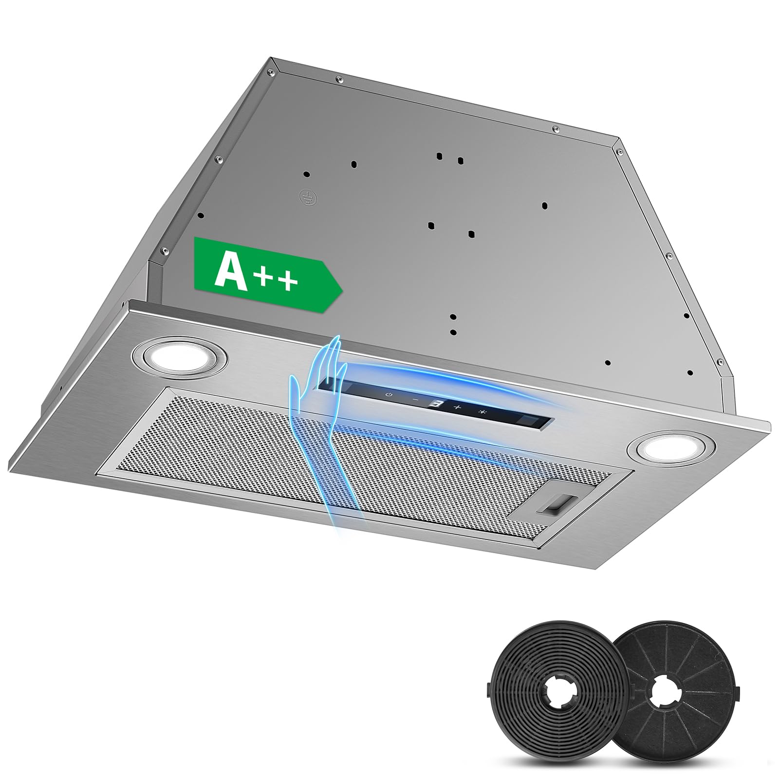 Cappa da incasso 52 cm, 400 m³/h Cappa da cucina, 3 velocità e Funzione Booster, Comandi Gesto, Tocco, Illuminazione a LED, Evacuazione dei condotti e ricircolo con filtro carbone attivo