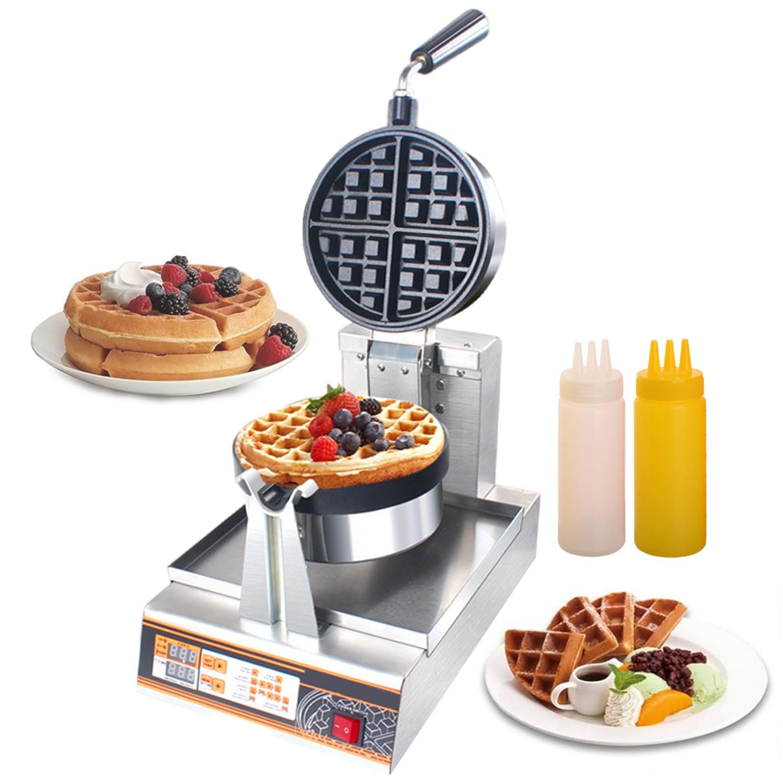 Gofrera Comercial De 1200 W, 0-300 °C Control Digital De Temperatura Y Temporizador De 0 A 10 Min, Gofrera Giratoria, Placas Antiadherentes Extraíbles, Botella Flexible Incluida