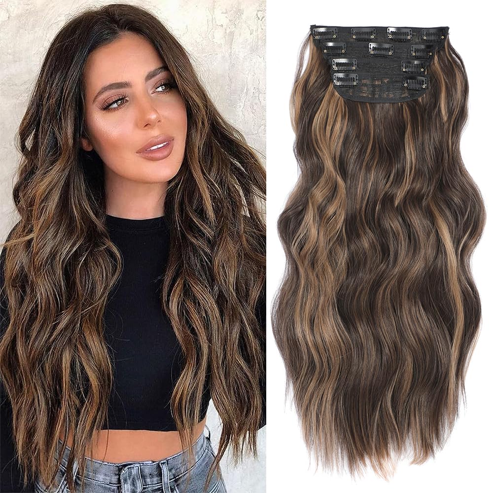 Hair Extensions Clip In 20Inch Long Wavy Hair Extensions 4Pcs Synthetic Full Head Hairpieces Seamless Weft for Natural Volume for Daily Use & Any Occasions Weft for Natural Volume Honey Brown Balayge