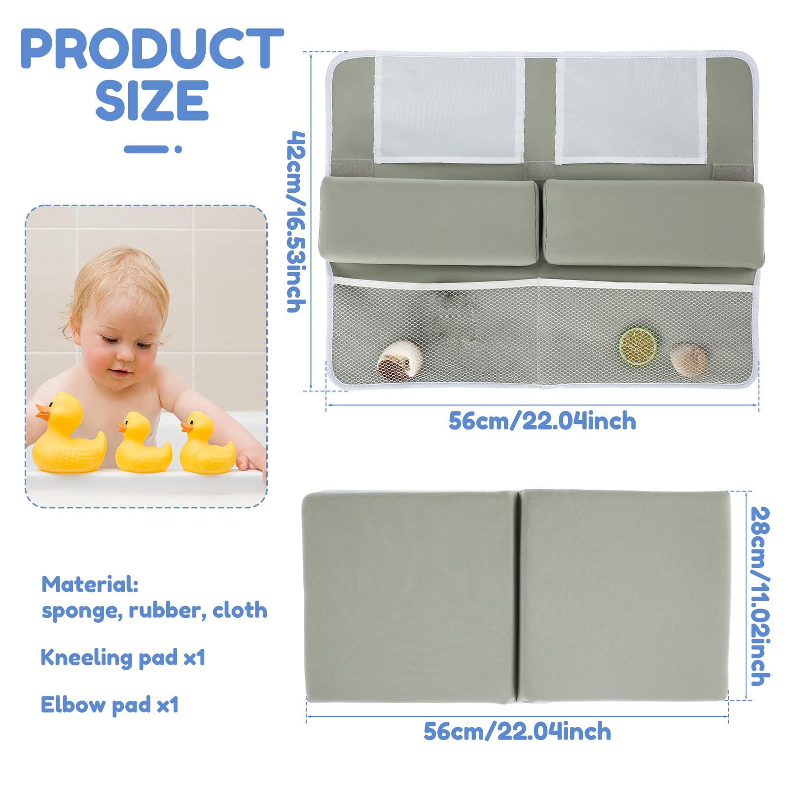 Lot de 2 genouillères et coudières pour le bain de bébé avec 4 poches de rangement, coussin à genoux en mousse confortable, antidérapant pour baignoire et enfant (gris)