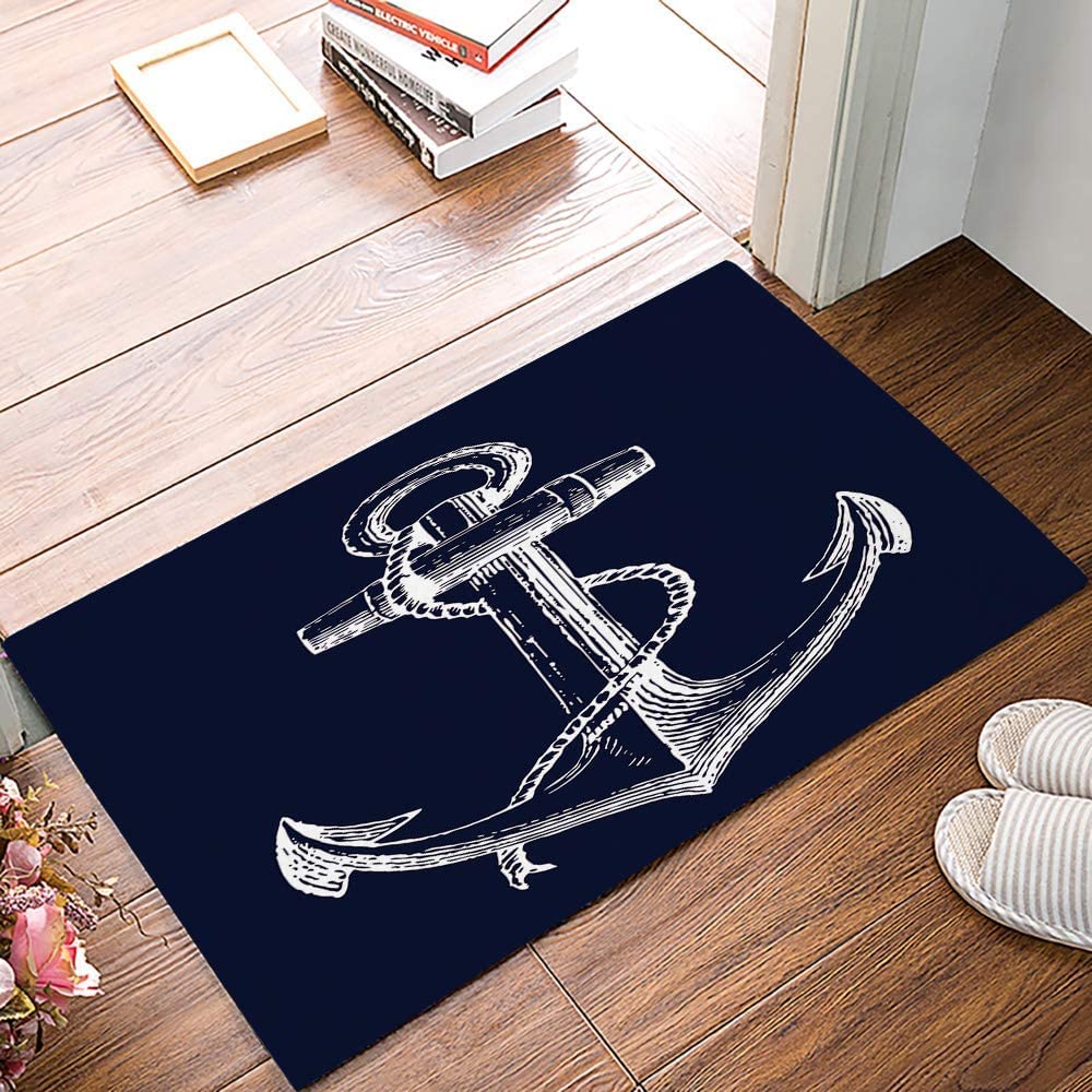 White Nautical Anchor Navy Blue Door Mats Cover Non-Slip Machine WashableBathroom Kitchen Decor Rug Mat Welcome Doormat 18x30 inch