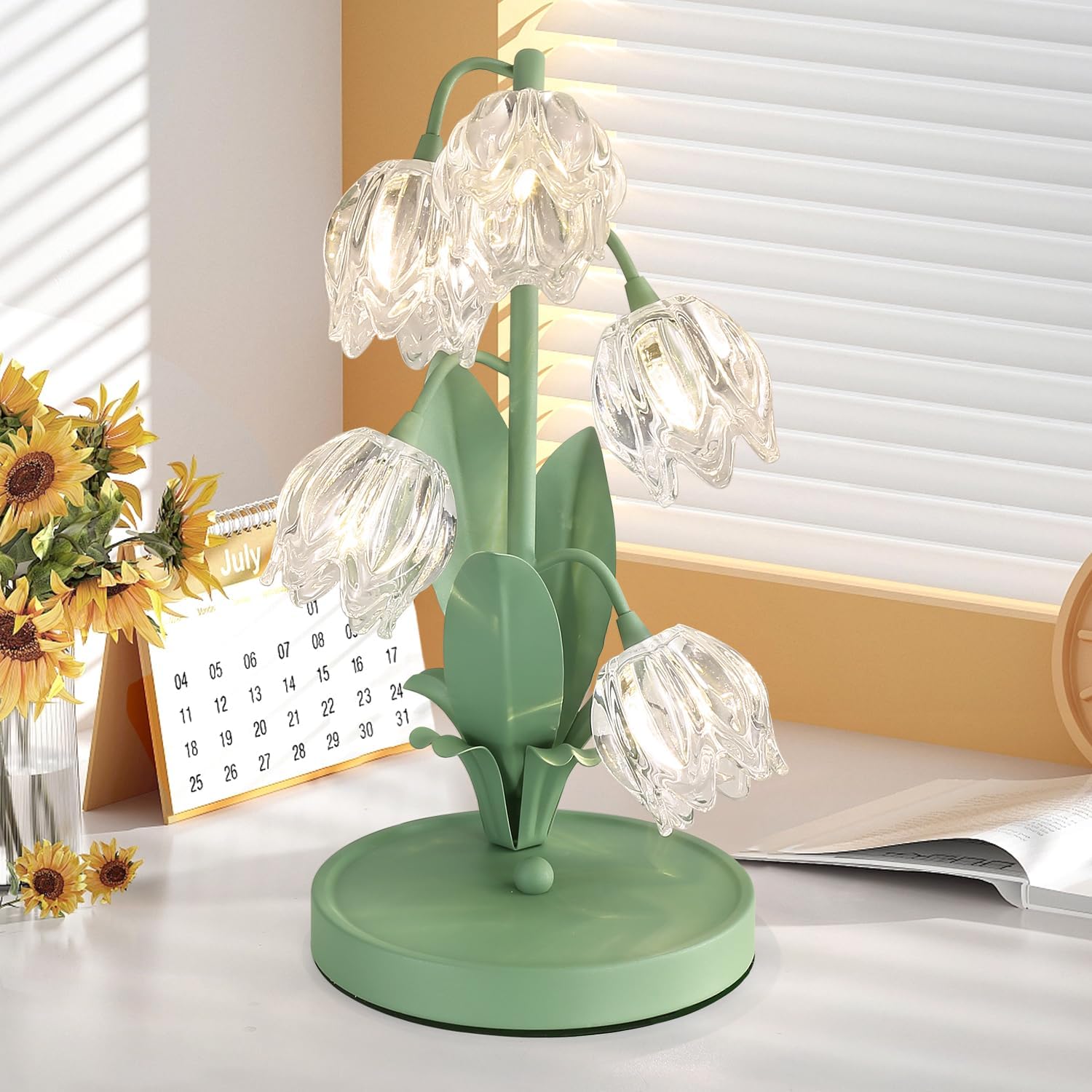 Glass Flower Table Lamp,5 Lily of The Valley Bedside Lamps,3 Color Modes Desk Lamp with G4 Led Bulbs for Home,Living Room,Bedroom,Night Stands,Decor