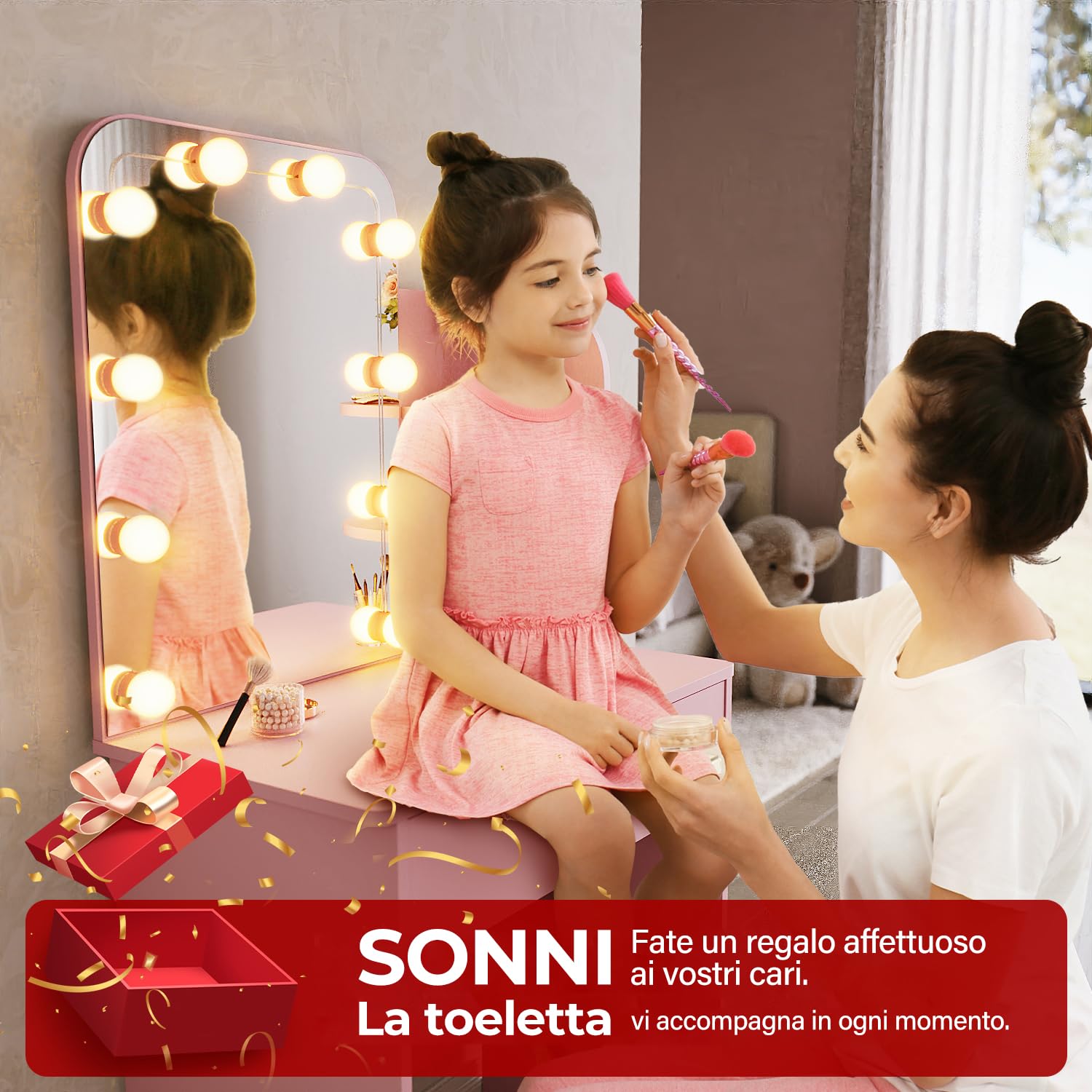 SONNI, Specchio Trucco con Luci, Toletta con Cassetti con Lampadine LED a 3 Colori 70x40x140cm, Rosa Toeletta Trucco Bambina