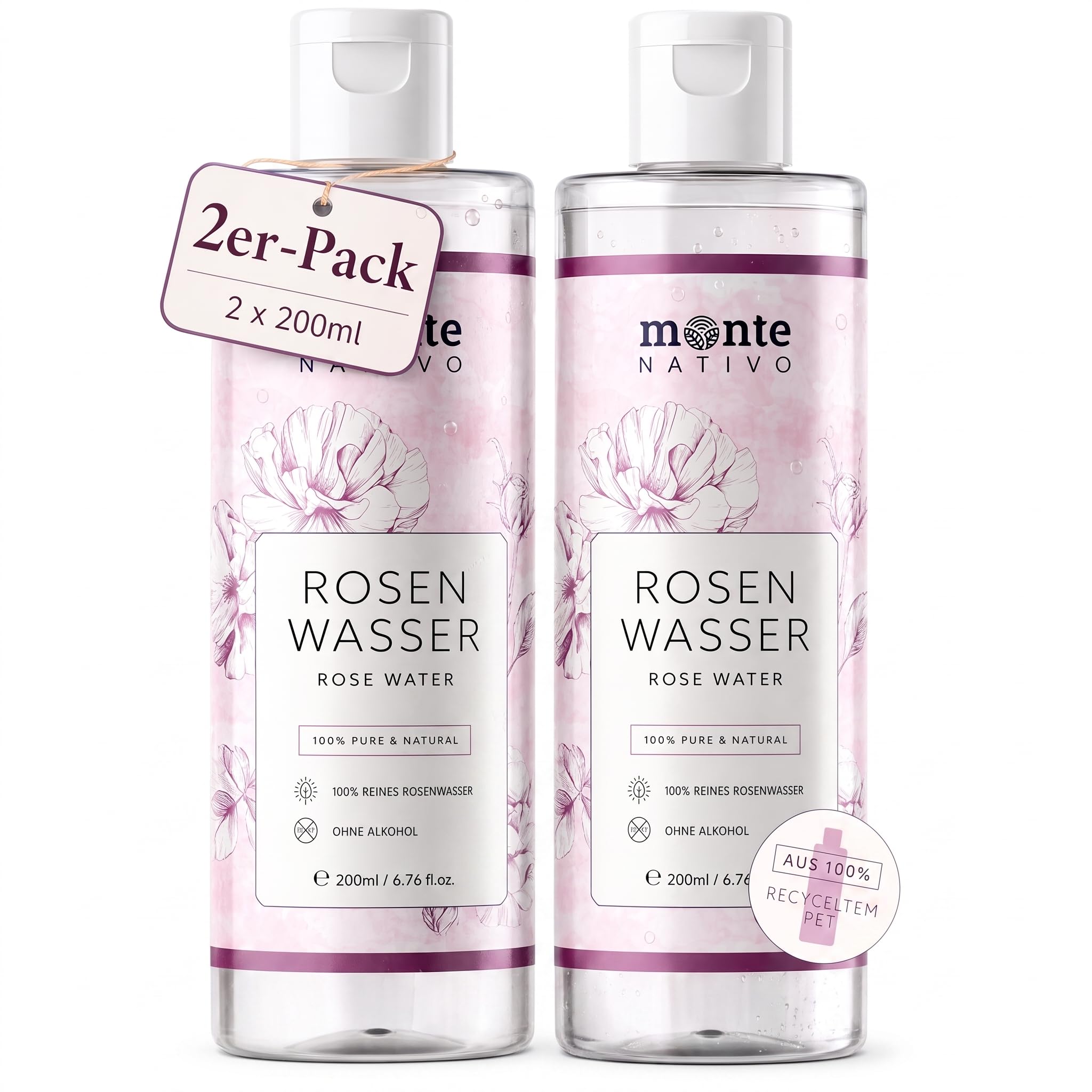 Monte Nativo czysta woda różana, 100% naturalna, do twarzy, z hydrolatem, podwójna destylacja parą wodną, 2 x 200 ml