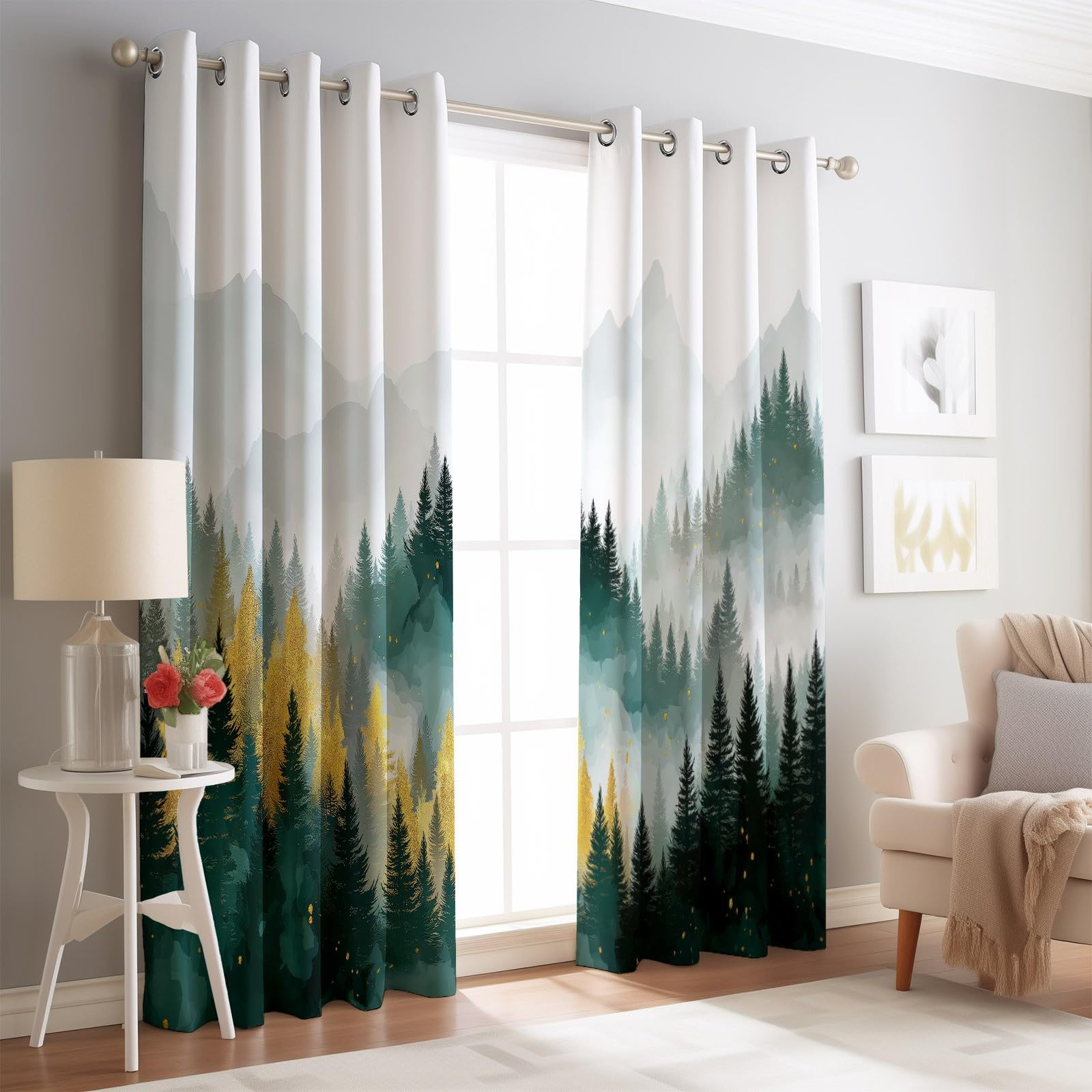 Generisch Abstrakt Aquarell Wald Gardinen vorhänge Blickdicht Mehrfarbig - Ideale Fensterlänge H215 x B100 cm (2er Pack) ohne Bodenkontakt, Thermo-Sichtschutz für Home-Office & Büro, Ösenvorhänge