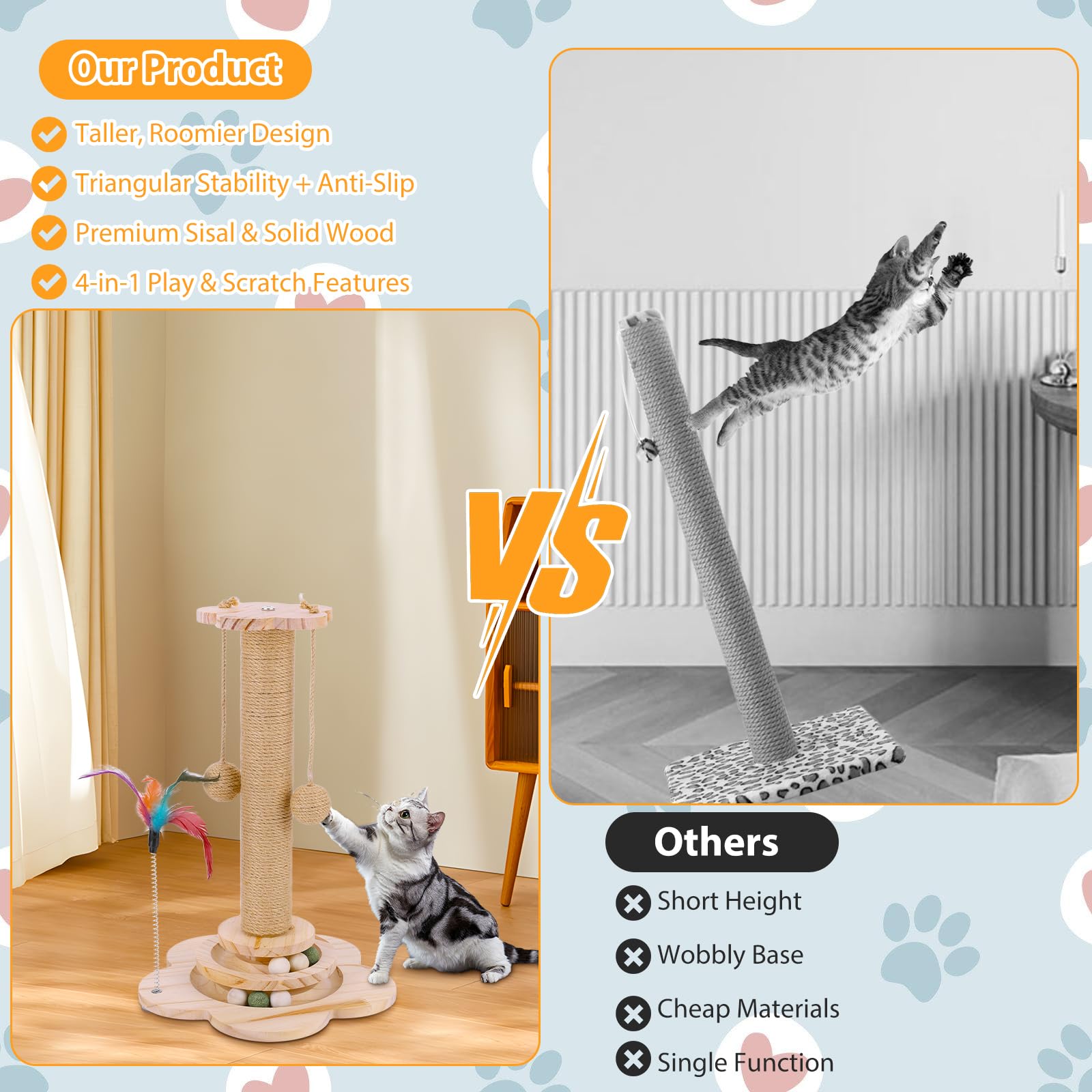 FitRepa Cat Scratching Post Multifunctional Cat Scratch Post, with Solid Wooden Base, Interactive Track & Spring Feather Toy - Image 3