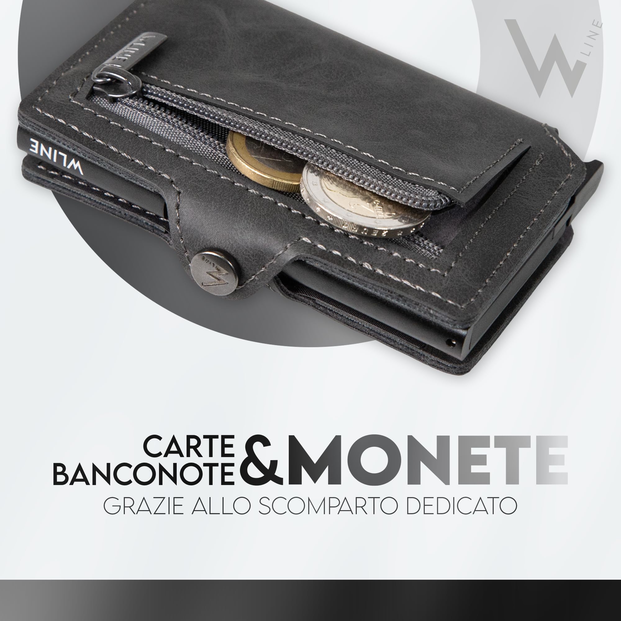 WLine Portafoglio Uomo Slim con Portamonete Rfid Compatto ed Elegante - Porta Carte di Credito Uomo e Donna Schermato in Pelle PU - Portatessere Uomo Tascabile (Grigio Vintage con Zip)