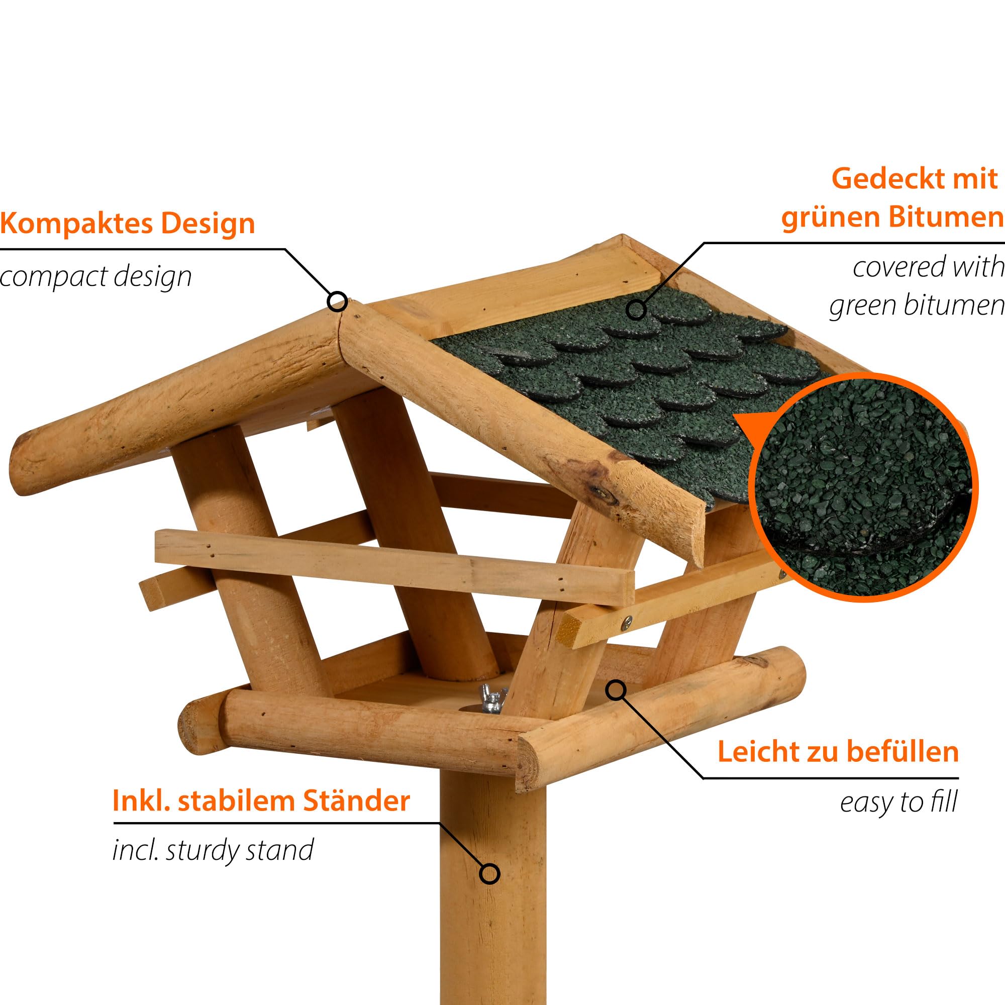 dobar 48100FSC Mangiatoia per uccelli con supporto – Mangiatoia per uccelli in legno con tetto in bitume – Casetta per uccelli con supporto triplo – Villa per uccelli per giardino/terrazza/balcone –