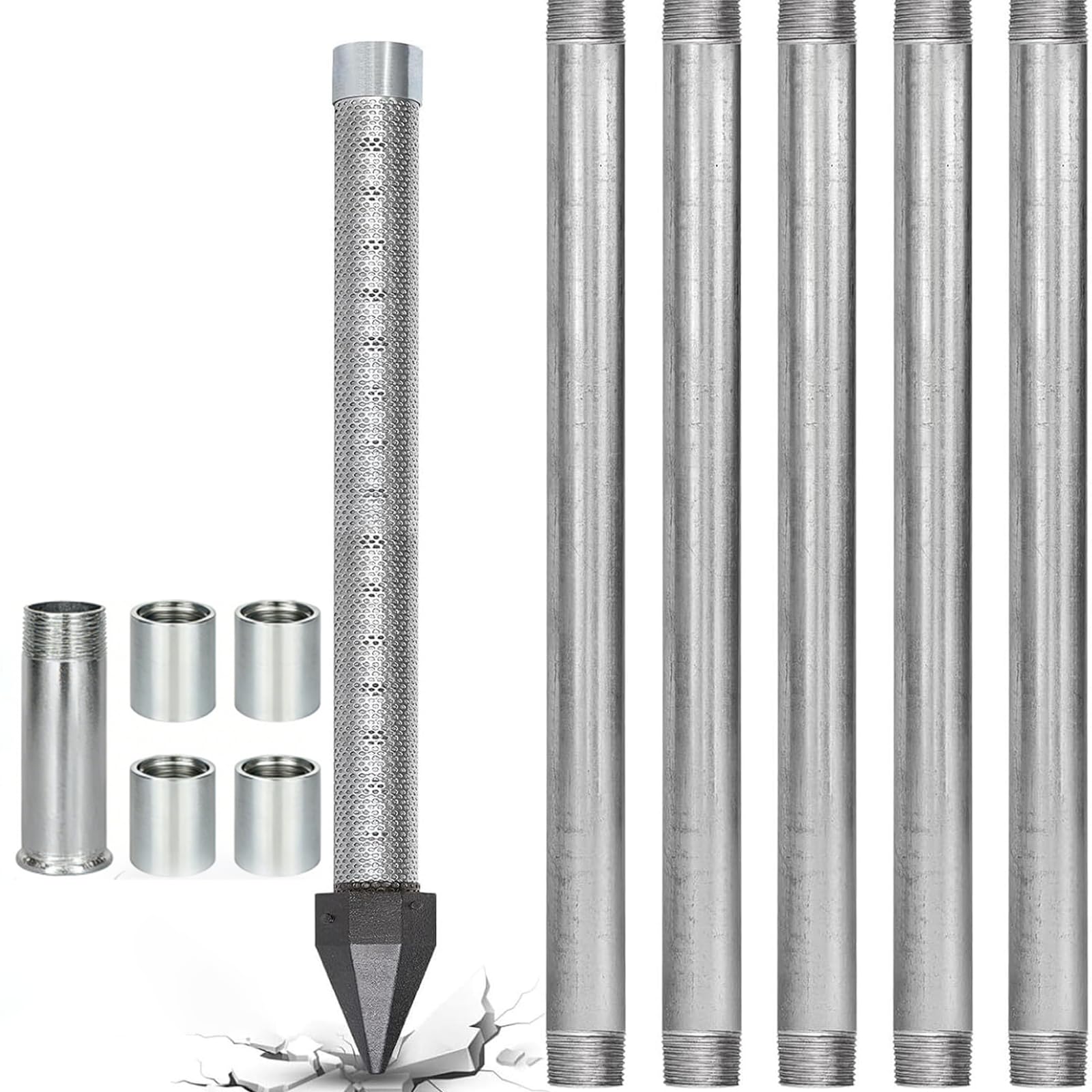 Kit de Perforación Pozos Artesianos, Punta Filtrante con Filtro 60 Mesh, Tubos Galvanizados y Manguitos, Solución de Riego Sostenible Residencial 5+1kit