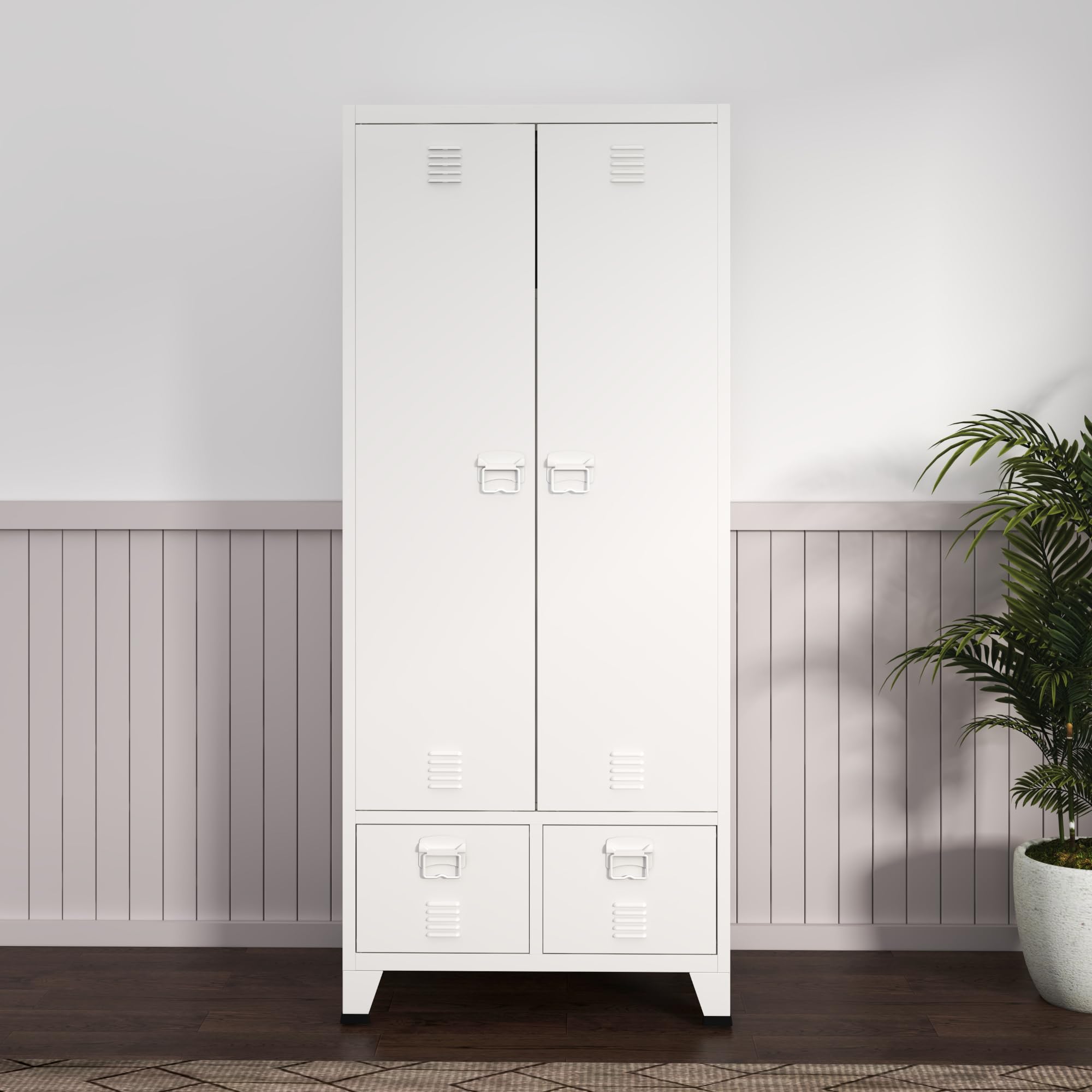 [en.casa] Armoire de Chambre Style Industriel Penderie à 2 Portes avec Étagères et Tiroirs Meuble de Rangement pour Dressing Chambre Salon Acier 180 x 90 x 40 cm Blanc