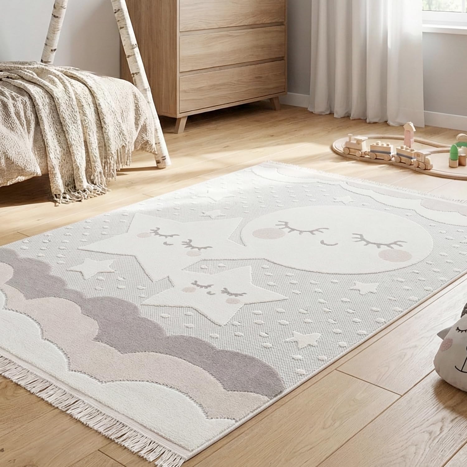 Alfombra Infantil Habitación Niña Niño Dormitorio Nubes Estrellas Arcoiris Animales 120x170cm Gris Claro Beige Crema