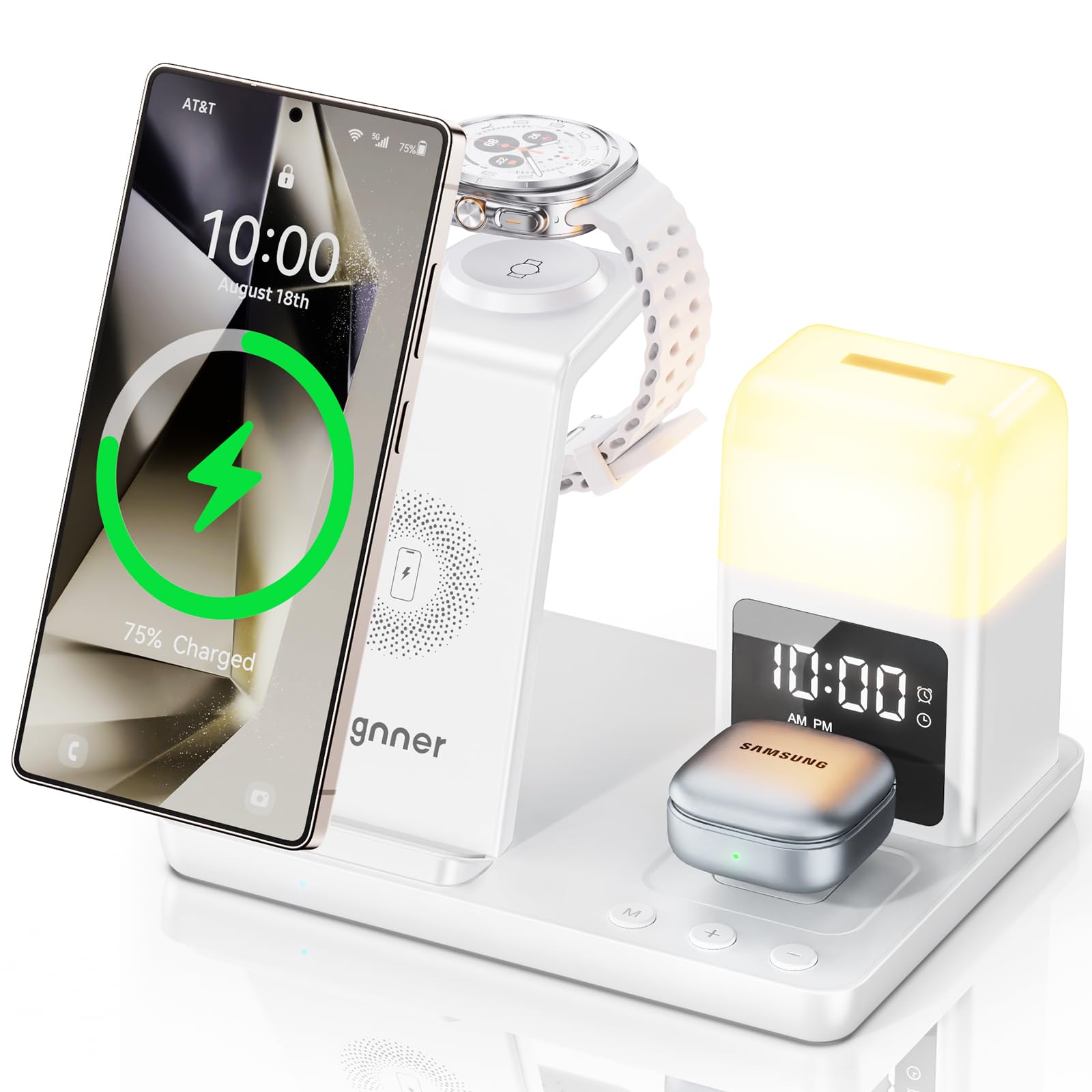 Stazione di Ricarica Induttiva 6 in 1 Aggiornata per Samsung con Sveglia e Luce a 3 Colori | Ricarica Senza Fili 15W Rapida per Galaxy S25/S24/Z Fold6/Flip/Note Galaxy Watch Ultra/6/5 Pro Galaxy Buds