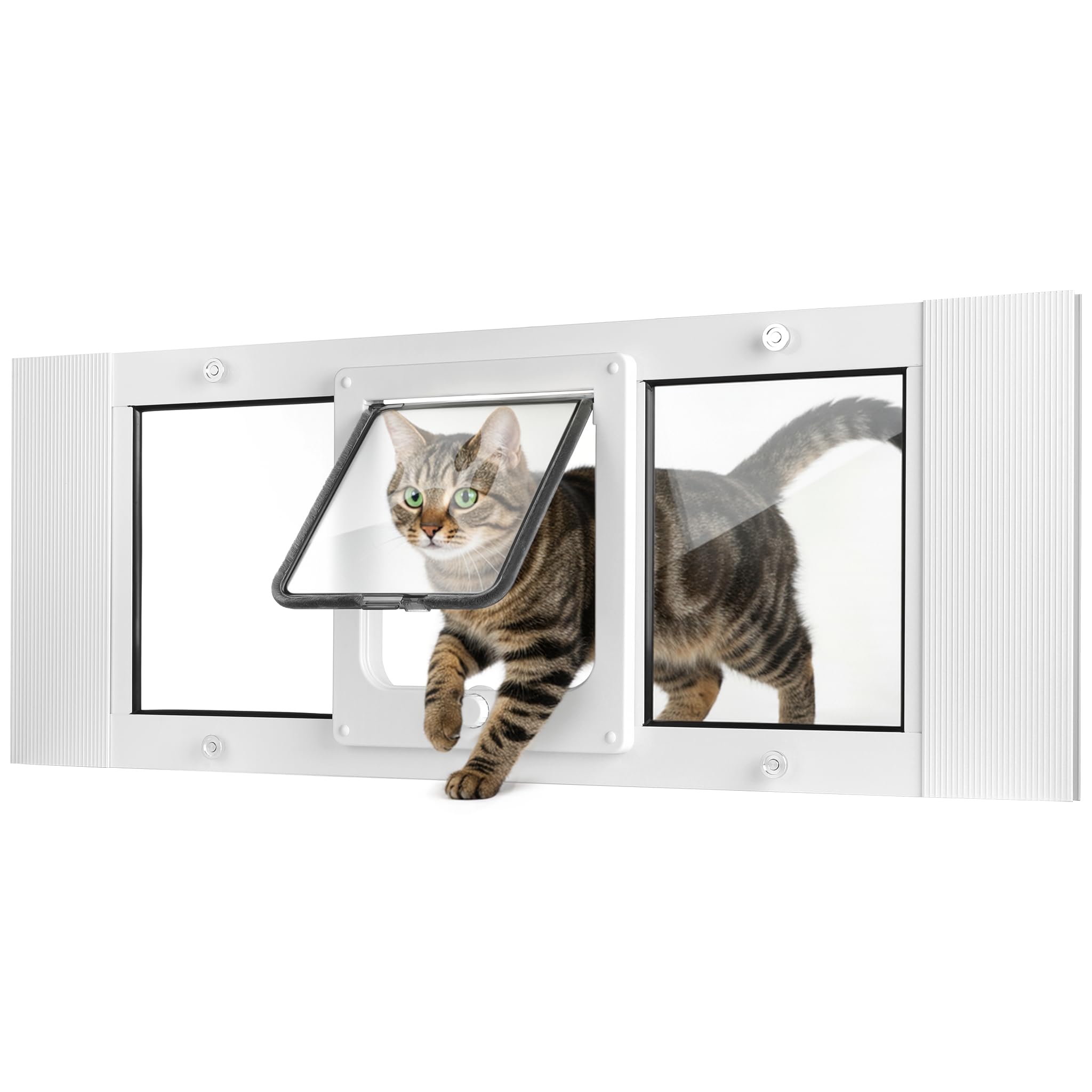 Slevoo Cat Door for Window, Adjustable Width of 32"-36" for Double-Hung Windows, 4 Secure Lock Modes and Tool-Free Install, Aluminum Frame and High-Transparency Glass Pet Door for Cats, Small Dogs