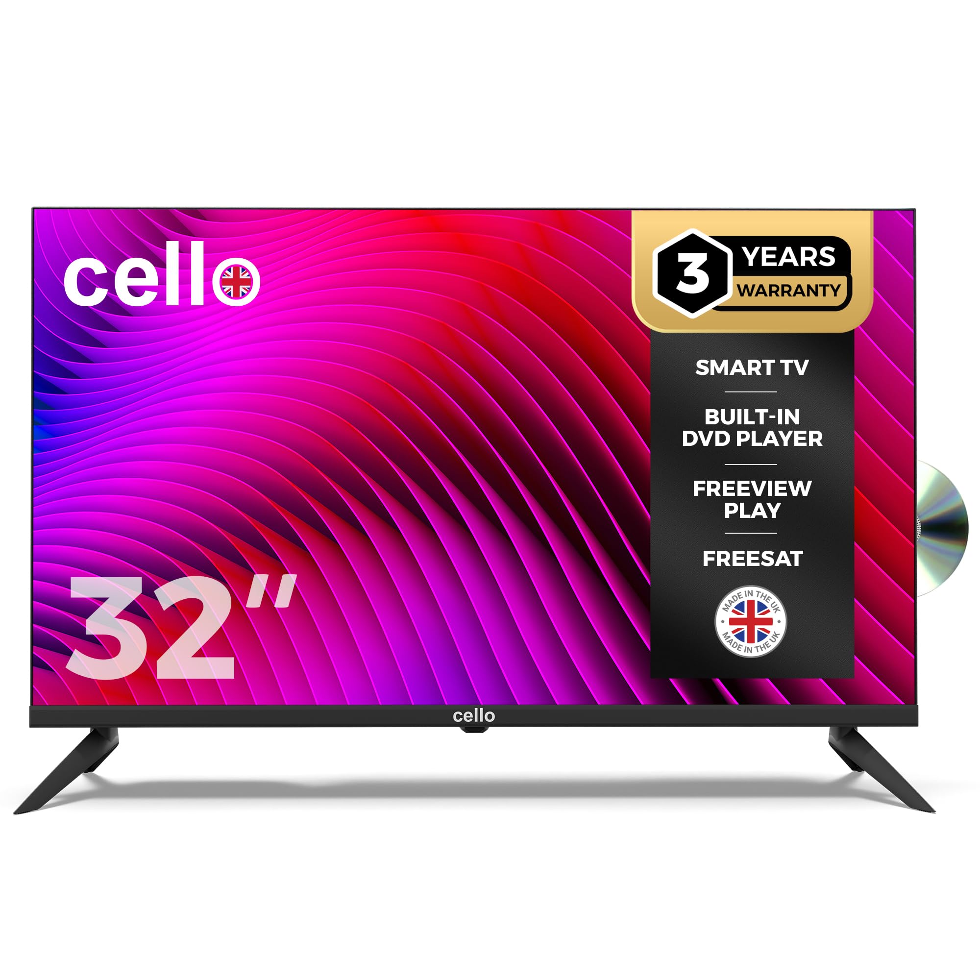 Cello C3224WSF 32 inch Smart Frameless TV and DVD Ultrafast WebOS, Freeview Play, FreeSat, Bluetooth, Netflix, Prime Video, Apple TV, BBC. UK Made