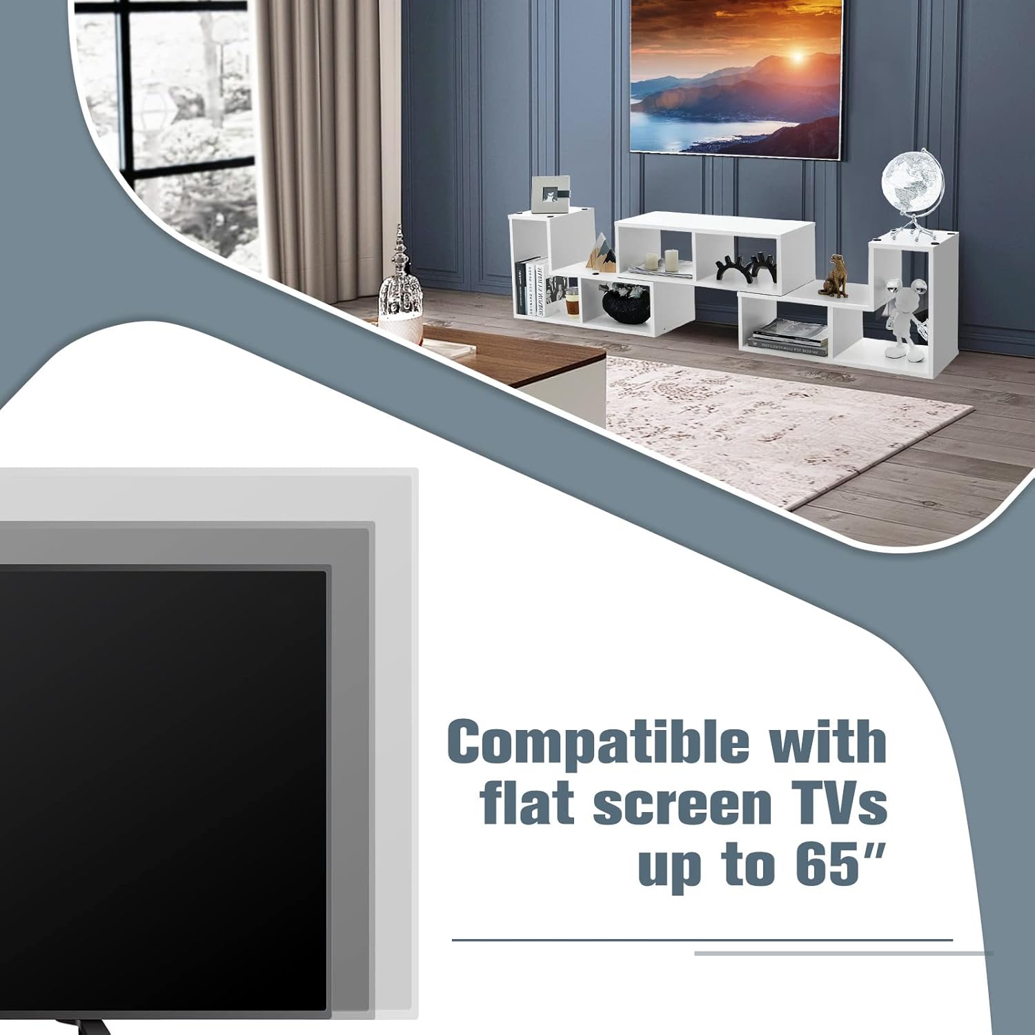 GOFLAME 3 Pieces TV Console Stand, Modern Entertainment Center for 50 55 60 65 Inch Flat Screen TV, Free Combination Bookcase for Storage & Display, Suitable for Living Room, Bedroom (White)