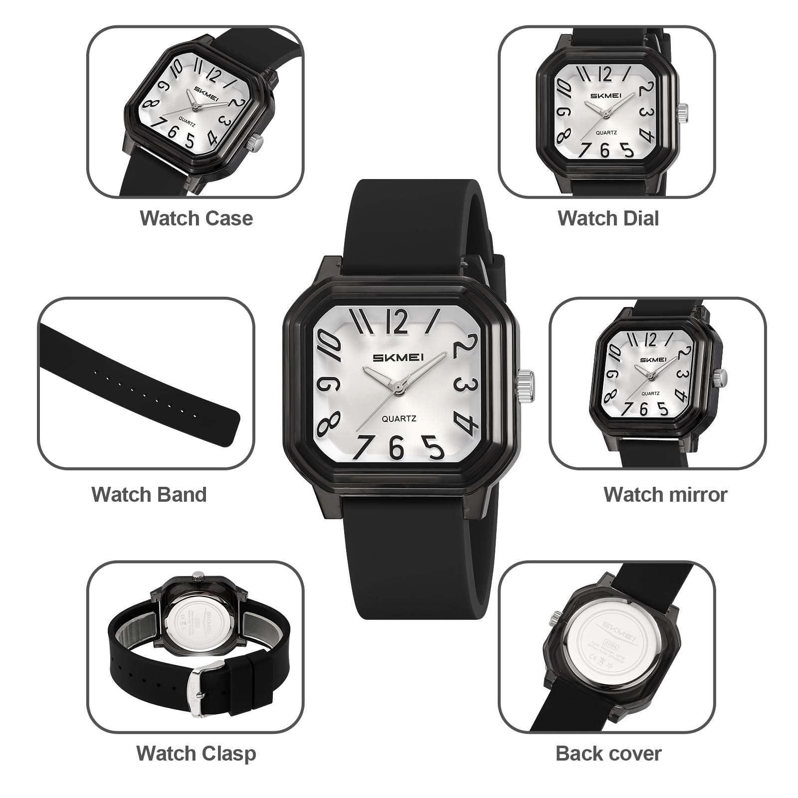 Gosasa Orologio da polso da donna al quarzo, con numeri arabi, facile da leggere, quadrante quadrato, analogico, colorato, cinturino in silicone, stile casual