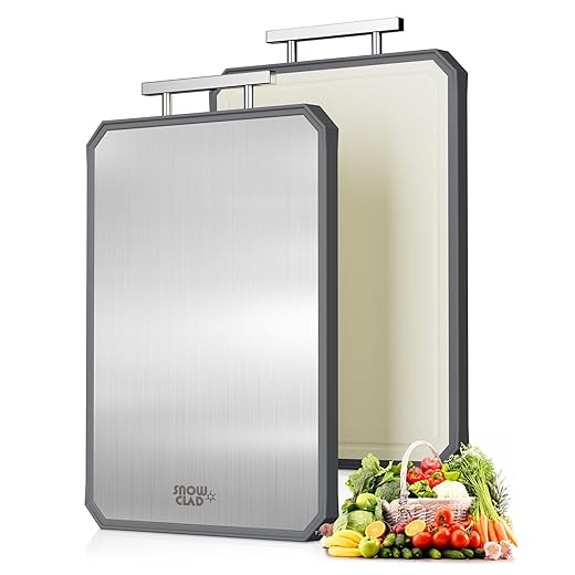 SNOWCLAD Stainless Steel Cutting Board,Double Sided Steel Bread Boards for kitchen,Stainless Steel/Wheat straw pp Large Board for meat,non toxic Chopping,16 * 11 Inch,Dishwasher Safe