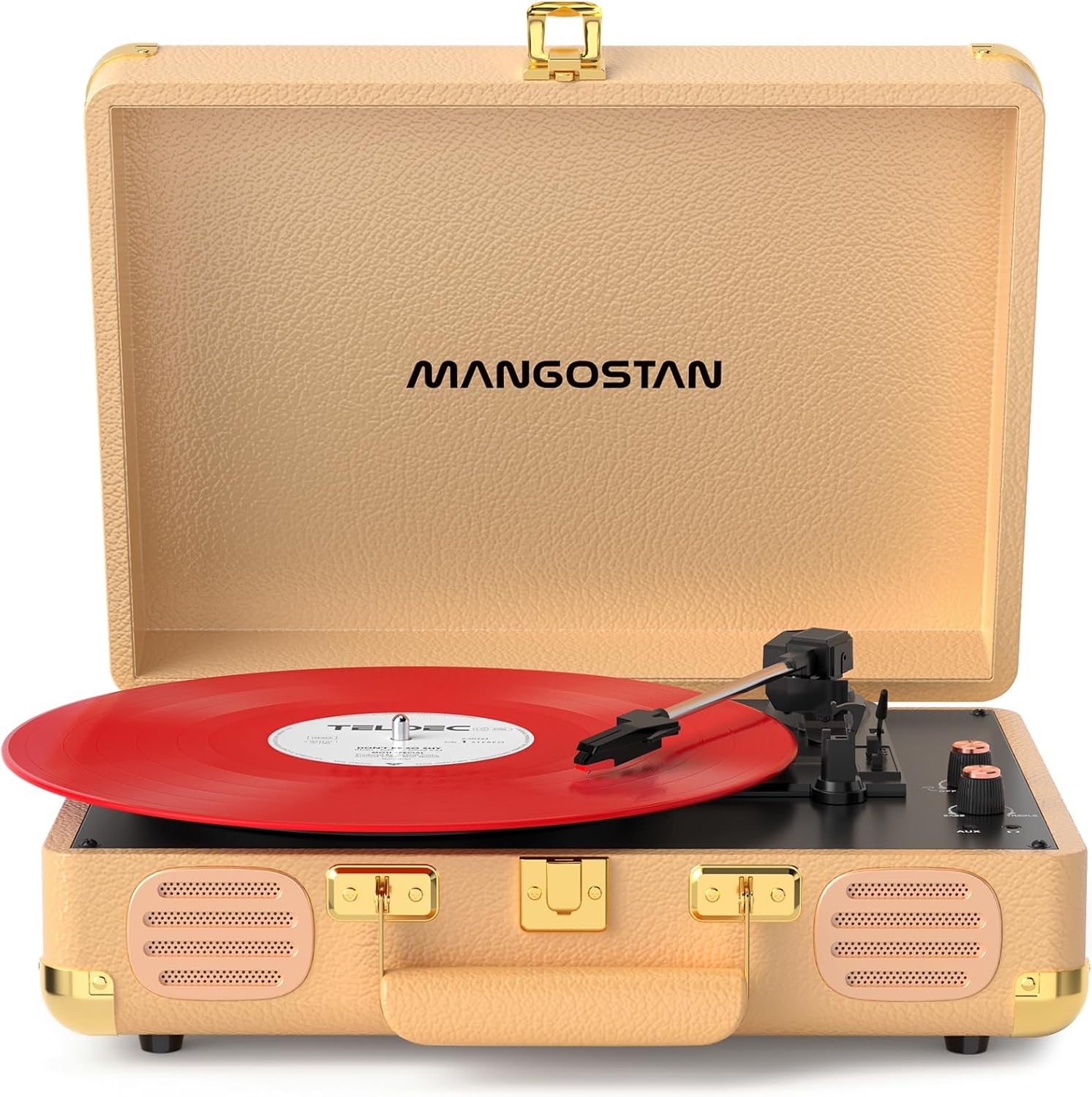 Vintage Bluetooth Record Player, 3-Speed Portable Turntable with Built-in Bass Stereo Speakers, Belt-Driven Vinyl Phonograph, Support AUX-in, RCA Line Out & Headphone Jack – Gold