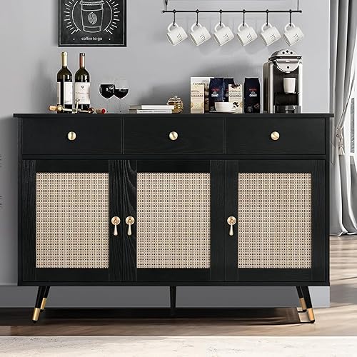 Miniatura 6 de 4ever2buy Gabinete de buffet negro con almacenamiento, armario de ratán con 3 cajones y 3 puertas de ratán, gabinete de buffet de ratán con patas