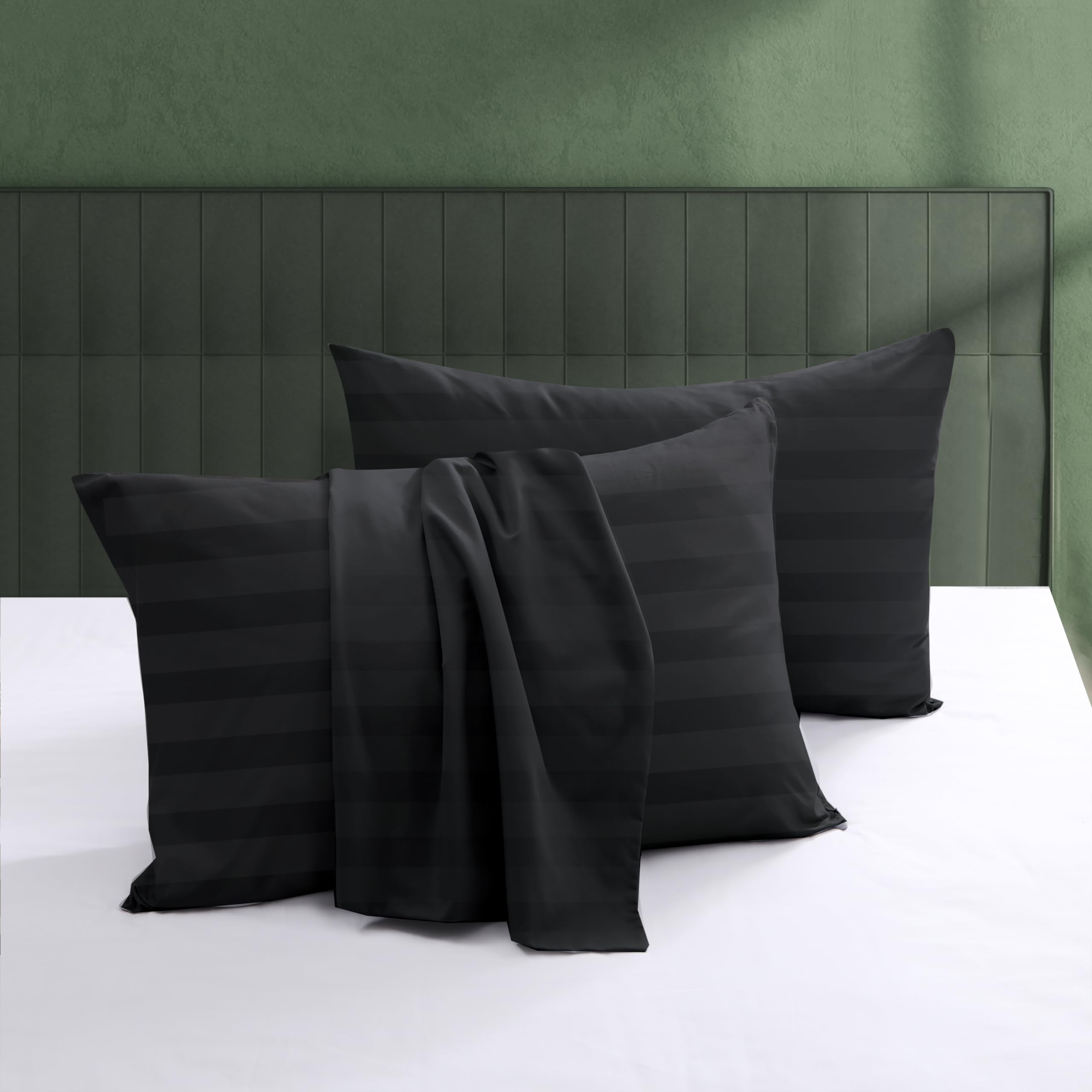 100% Egyptian Cotton Pillow Protectors Set of 2, 600 Thread Count Standard Size Bed Pillow Cases with Zipper, Sateen Weave Cooling Pillow Cases Quiet and Breathable Easy Care (2PCS, Striped Black)