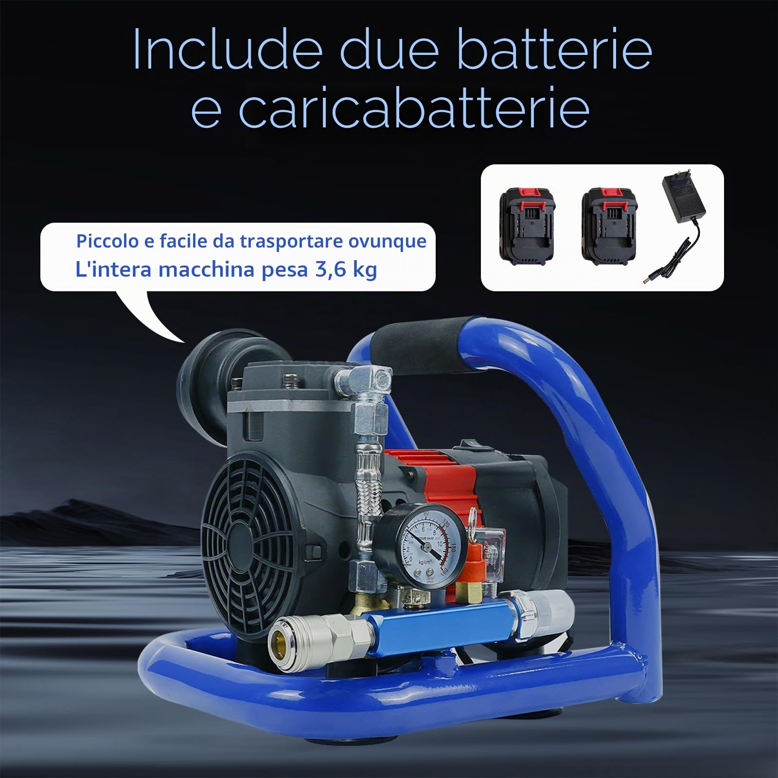 Compressore d'aria a Batteria, Compressore Aria Senza Olio Portatile, Pressione Massima 8 Bar, Capacità 1,5 L, Manometro, Include 2 Batterie e Caricabatterie