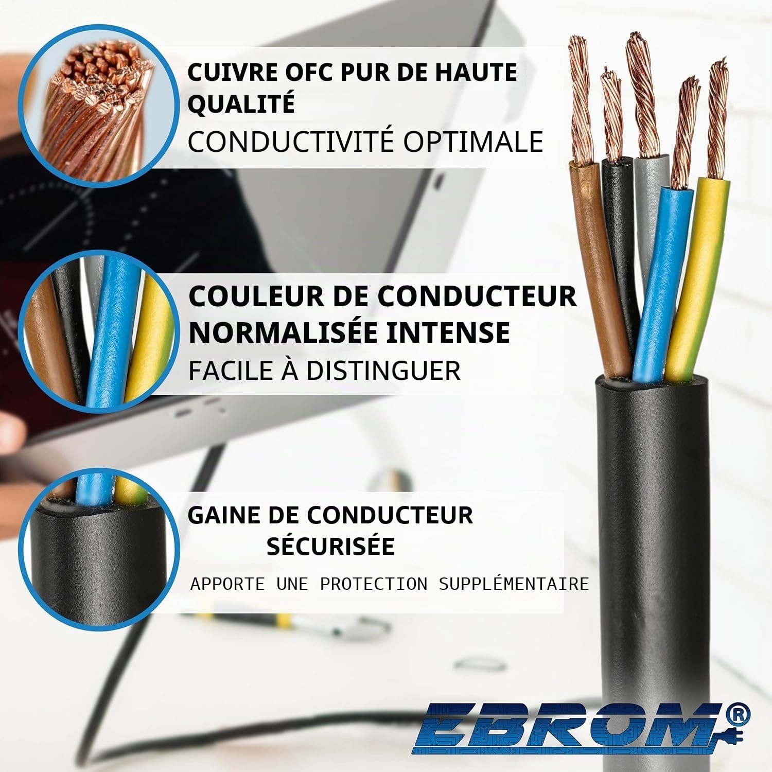 Câble H05VV-F 5G1,5 mm² - 5 x 1,5 mm² - Noir - 5 m, 10 m, 25 m et 50 m
