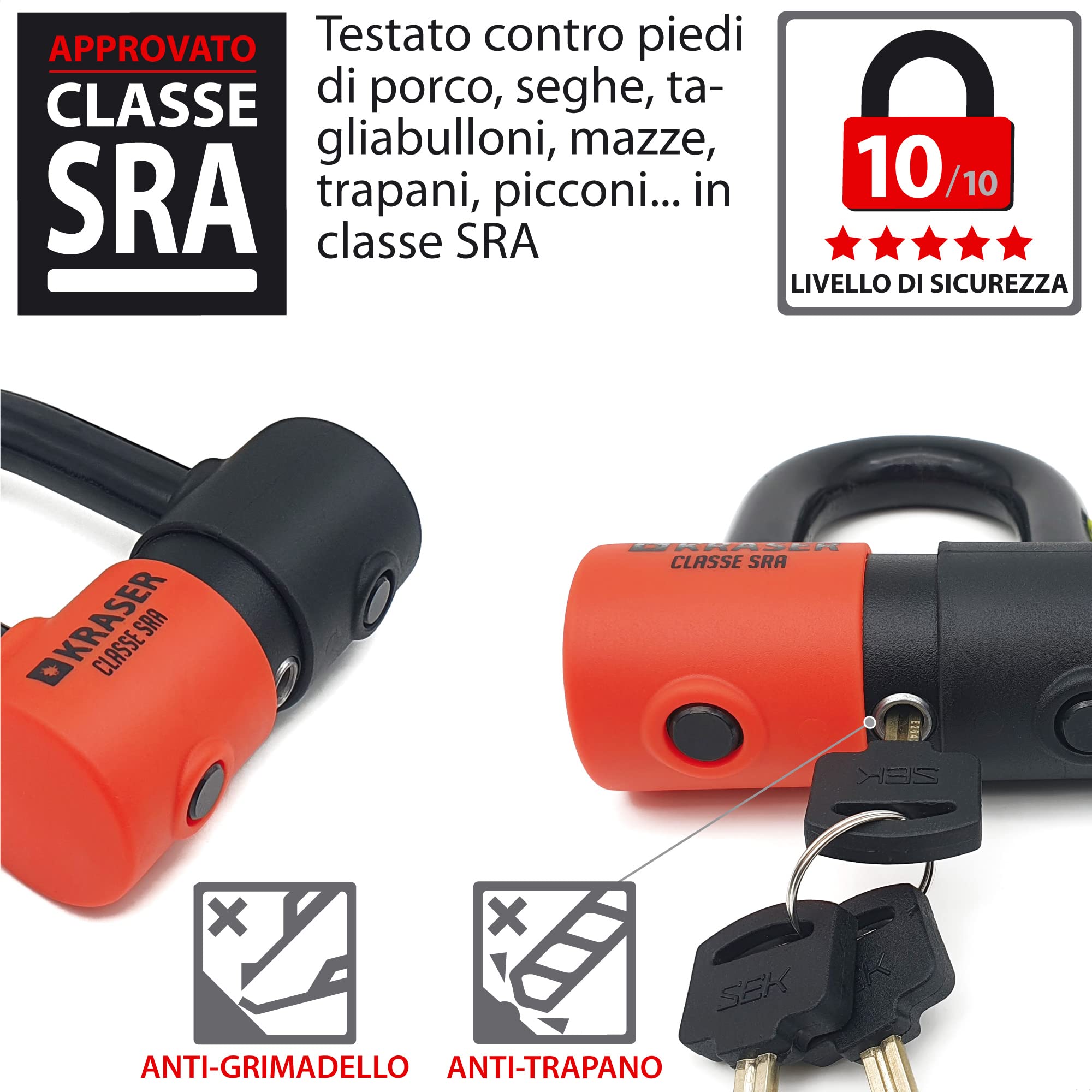 KRASER KR50+120L Catena Moto Antifurto Blocco Disco Omologato Sra Mini U Solid Bloccadisco Ø18 Set Incatenato 120 cm Ø10 Sistema ad Anello Multifunzione Motociclo Bicicletta Elettrica