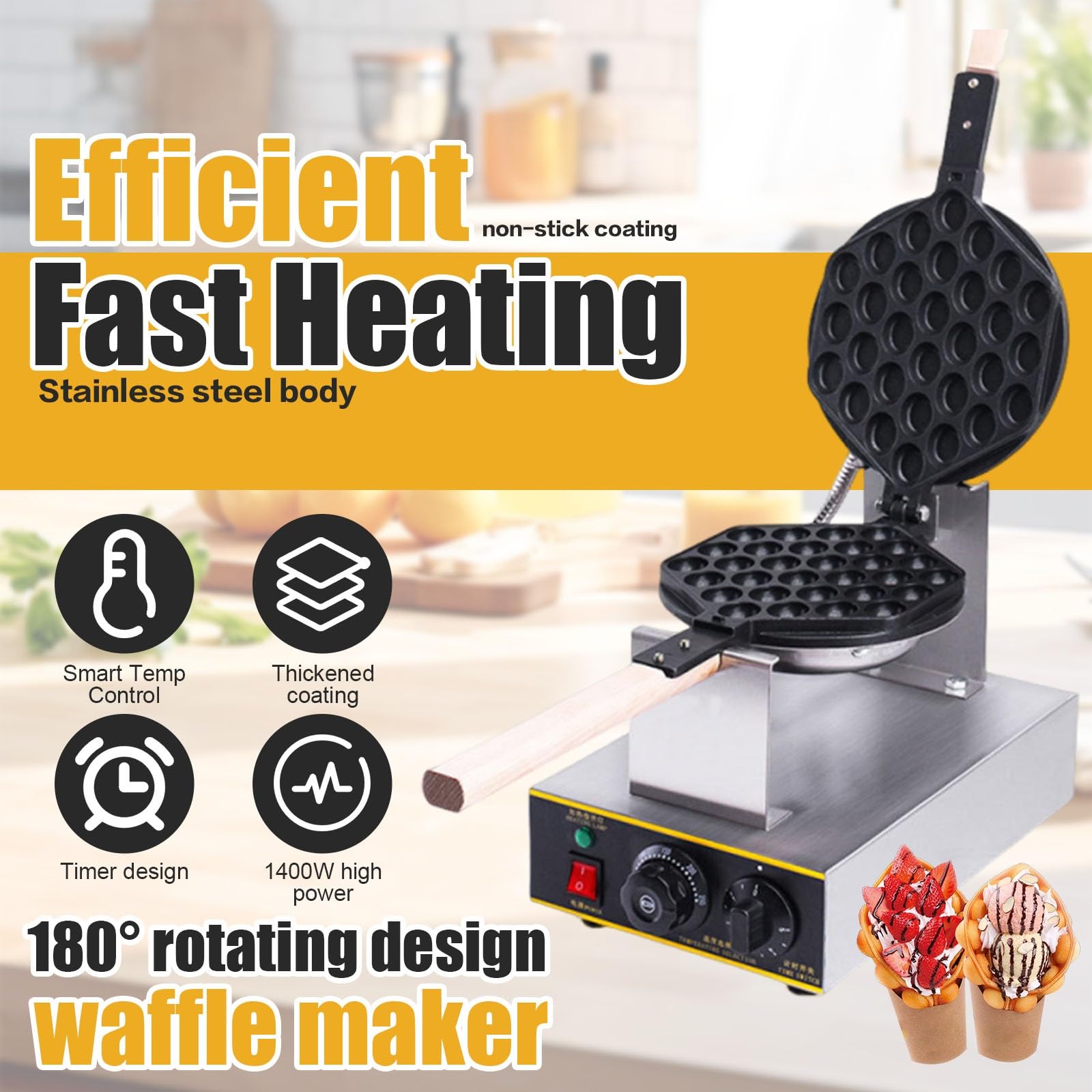 Puff Waffle Maker Gofrera Profesional, Bubble Waffle Maker Doble Cabeza, Acero Inoxidable Y Calentamiento Rápido, Perfecta Para Café, Street Food Y Restaurantes(Single pot)