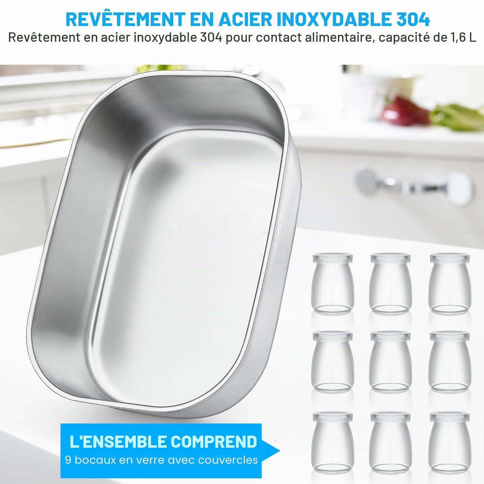 1.6L YaourtièRe, Avec 9 Pots Portables, Pot IntéRieur En Acier Inoxydable 304, Minuterie RéGlable Et Chauffage PTC Pour Yaourt Maison, Natto, Vin De Riz Et Fermentation