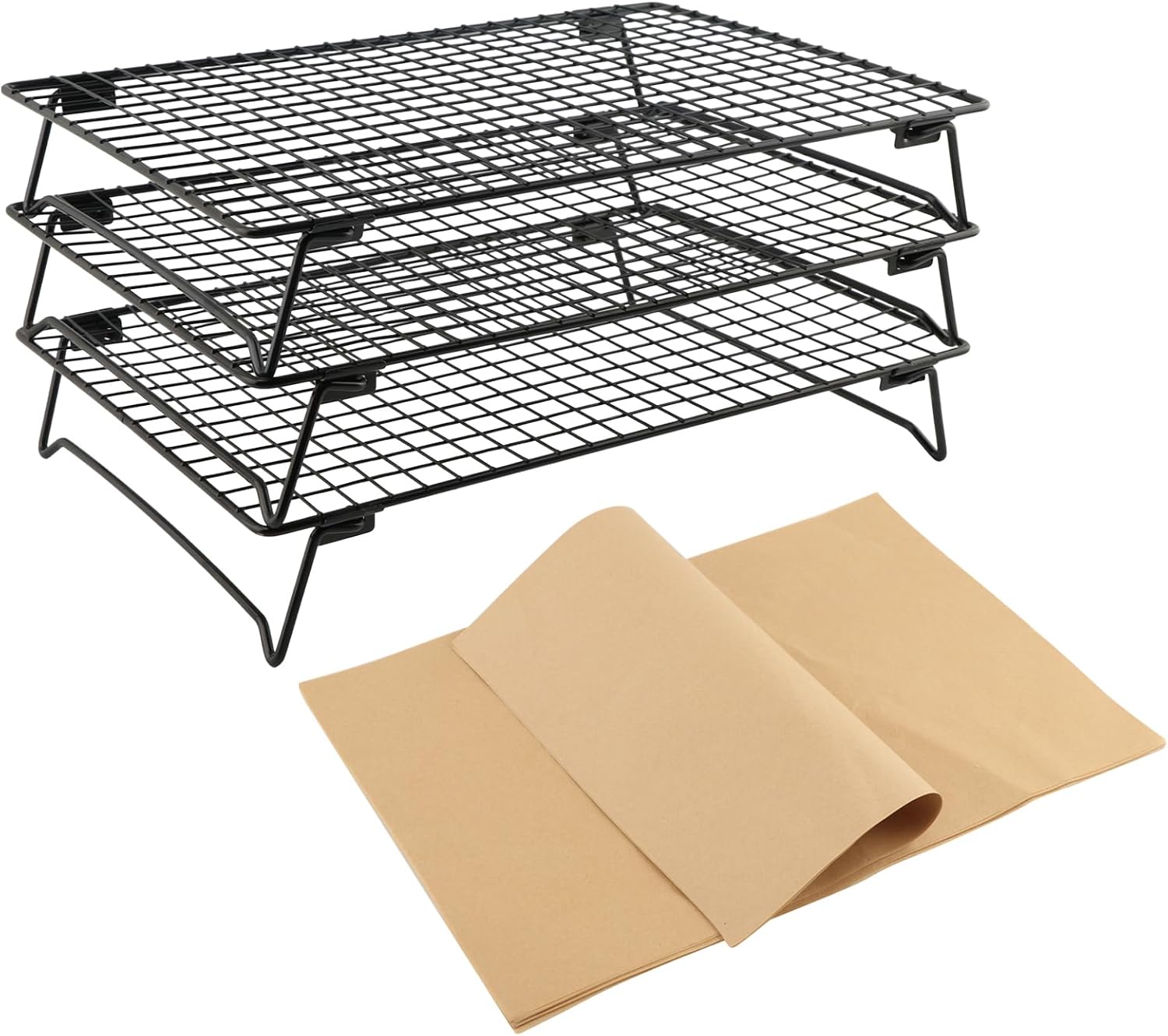 3-Tier Stackable Cooling Rack, Stainless Steel Cooling Racks for Cooking and Baking, Bread Cake Cookie Cooling Racks 10"x13.5", Oven and Dishwasher Safe, 50 Parchment Paper Included