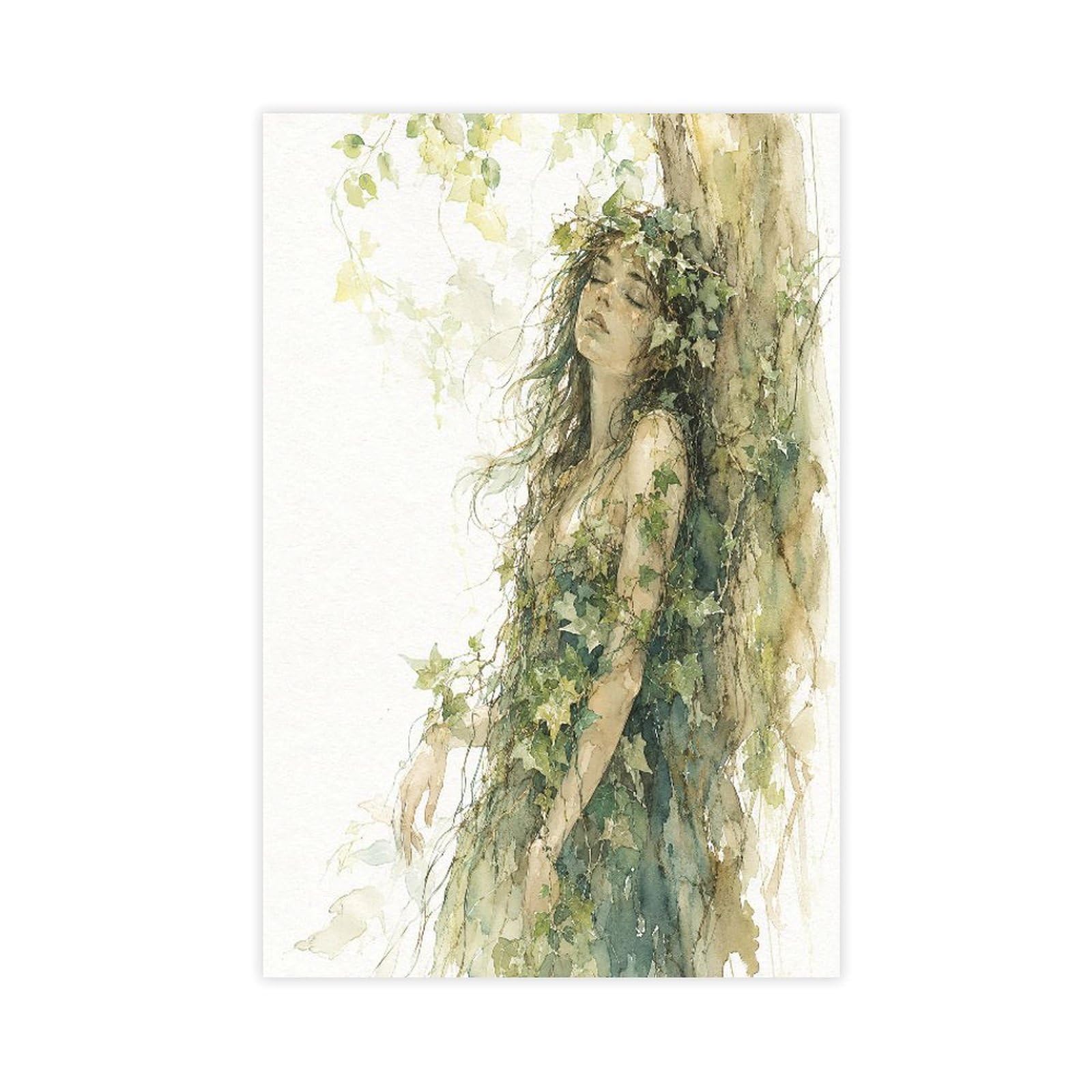 H3b8u2y5 Unframe-Style-3 Green Forest Woman Canvas Wall Art, Ethereal Figure Studio