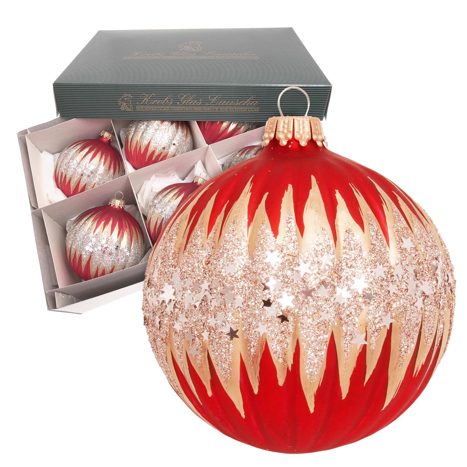Krebs Glas Lauscha - Décoration de Noël/décorations de sapin de Noël en verre - Boule ondulée - Couleur : satin rouge/doré - Quantité : 6 pièces - Dimensions : environ 8 cm