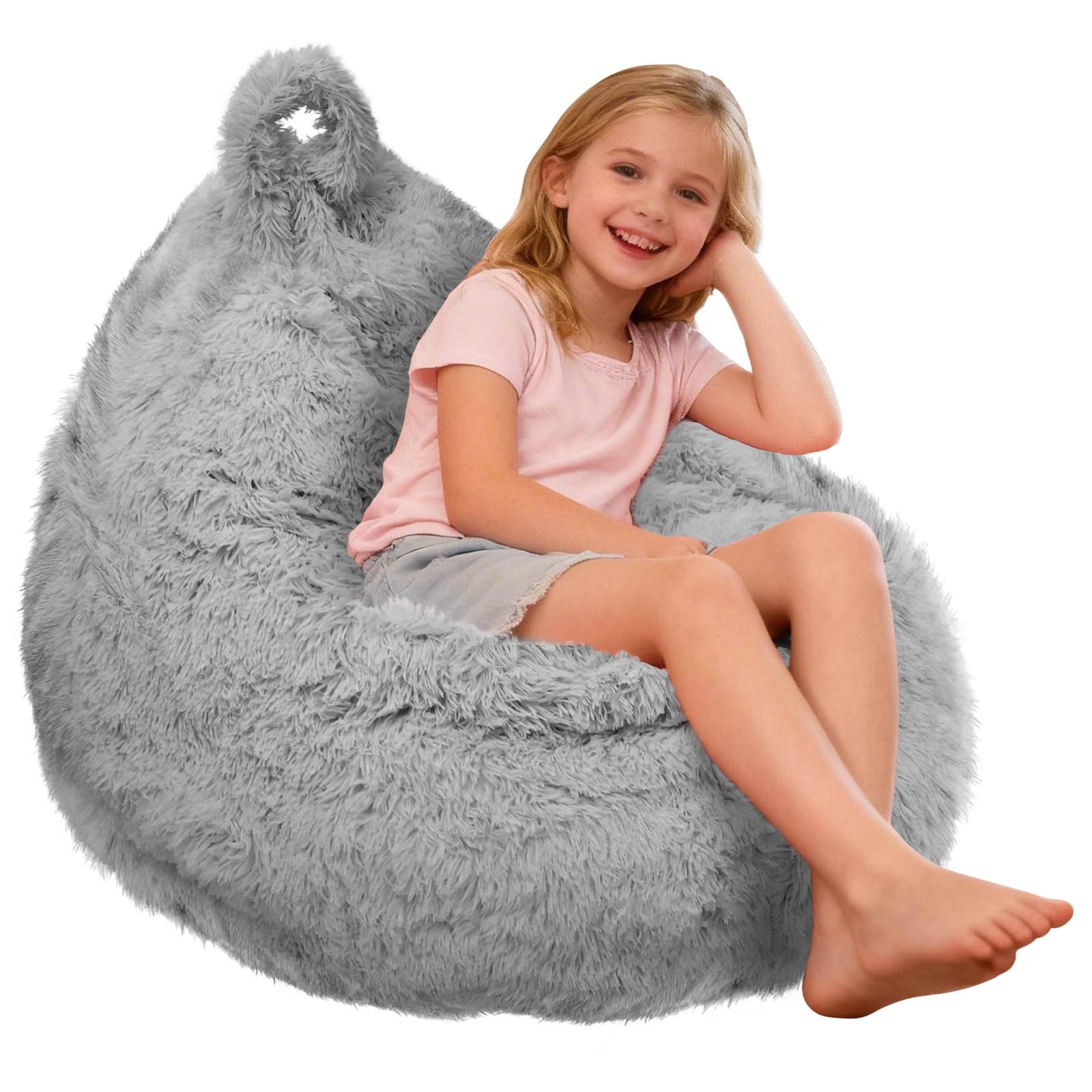 Bpyhebe Bean Bag Chair Cover (No Filler) for Kids Adults, 90×110cm Non-slip Plush Toys Organizer, Cute Soft Faux Fur Beanbag Sofa for Bedroom, Game Living Room, Easy to Clean(Grey)