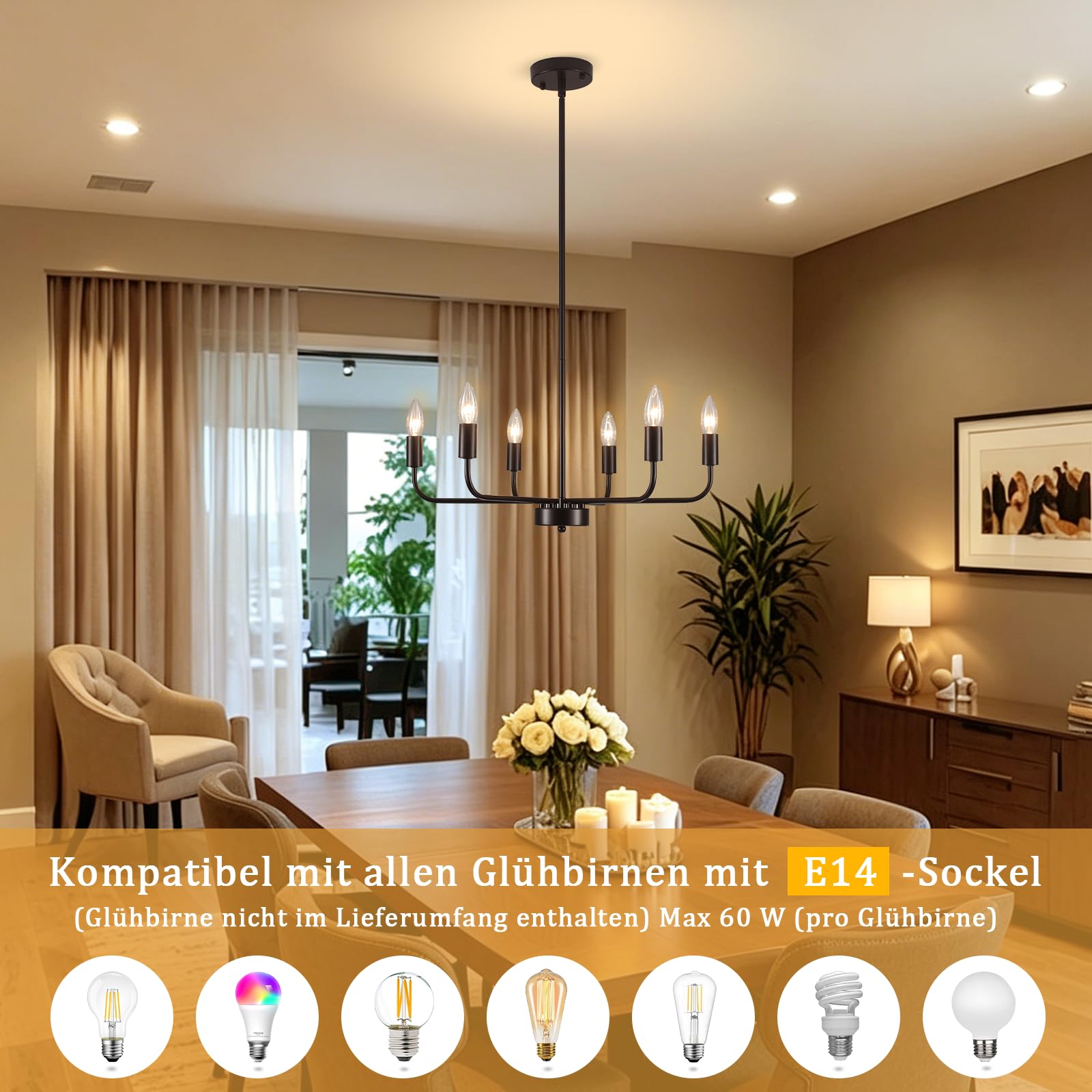 Kronleuchter Schwarz 6 Flammig, Kronleuchter Modern Hängelampe, E14 | Deckenlampe Hängend Pendelleuchte Gold, Wohnzimmerlampe Hängend Vintage für Schlafzimmer Esszimmer Küche Flur, Max 60W, 220V