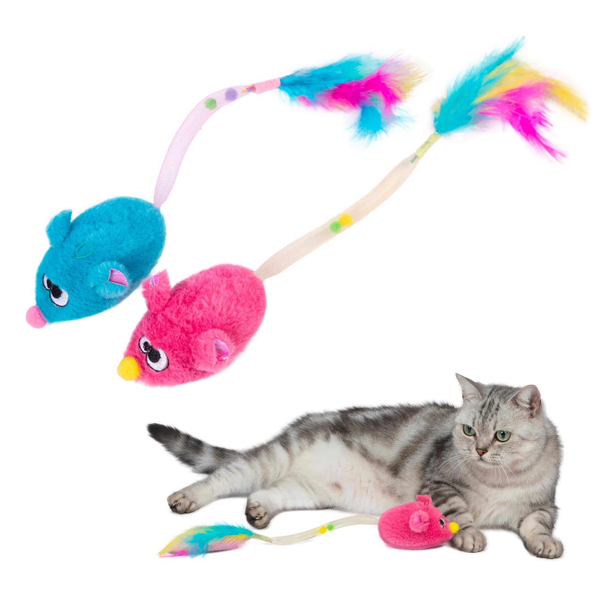 Catify Interactive Cat Toy - Squeaking Mice Set, Blue &amp; Fuchsia