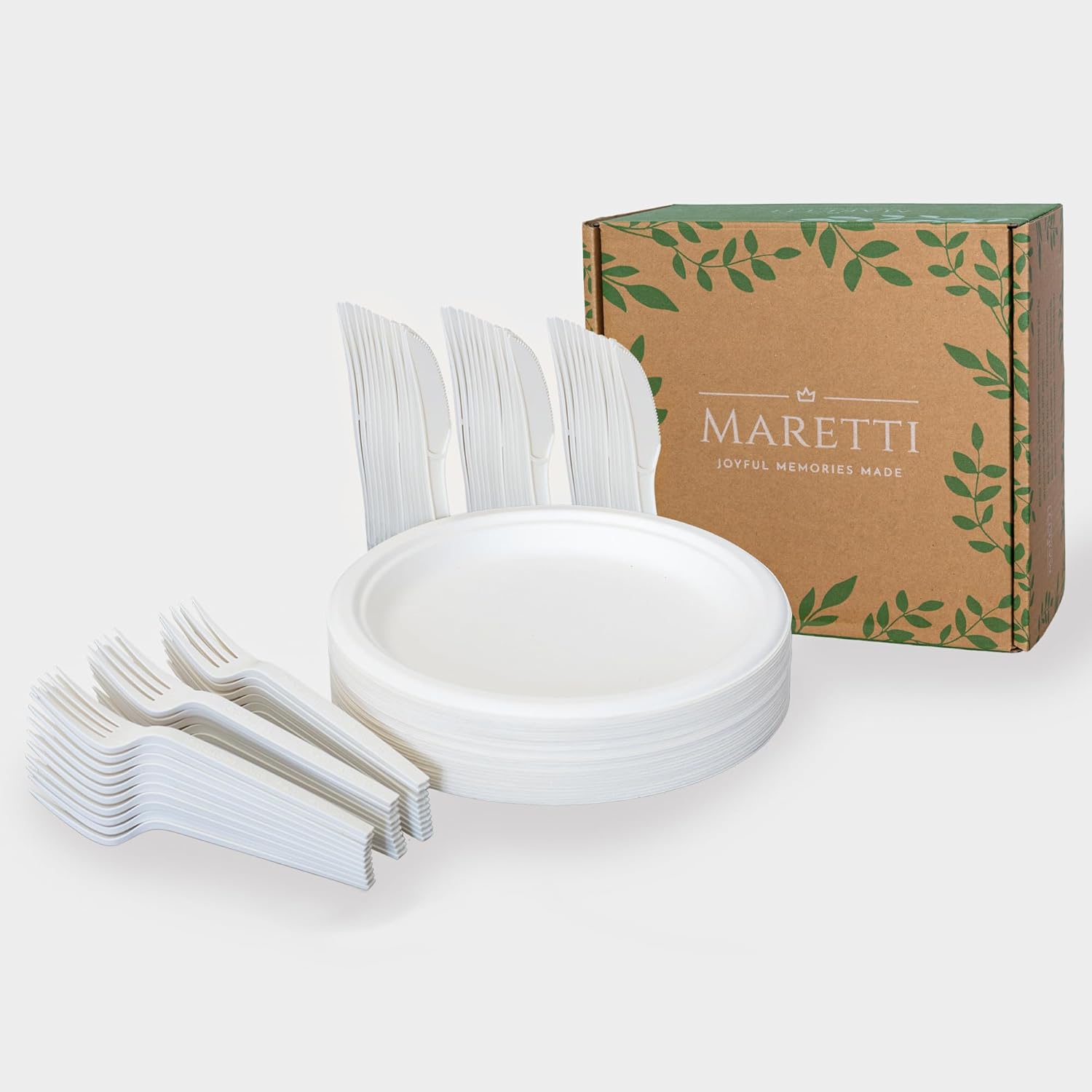 150 Piece Compostable sugarcane Plates and Bagasse Utensils for 50 Guests – Microwave Safe, Heavy-Duty, Eco-Friendly and BPA free Disposable White Dinnerware, Medium