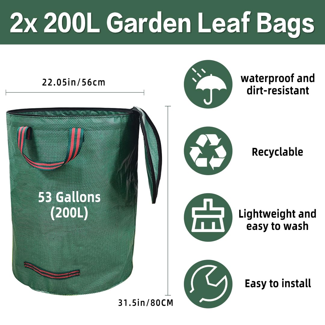 Sacchi da giardinaggio con coperchio 2x 200L – Raccogli foglie da giardino, sacchi per rifiuti pieghevoli con maniglie, impermeabili, in polipropilene, robusti, antistrappo e riutilizzabili